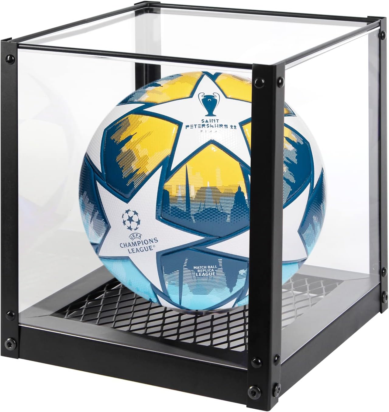 J JACKCUBE DESIGN Acrylic Soccer Ball Display Case, Clear Display Holder Stand Box with Metal Mesh Base for Football, Basketball, Volleyball Memorabilia Collectibles- MK809A