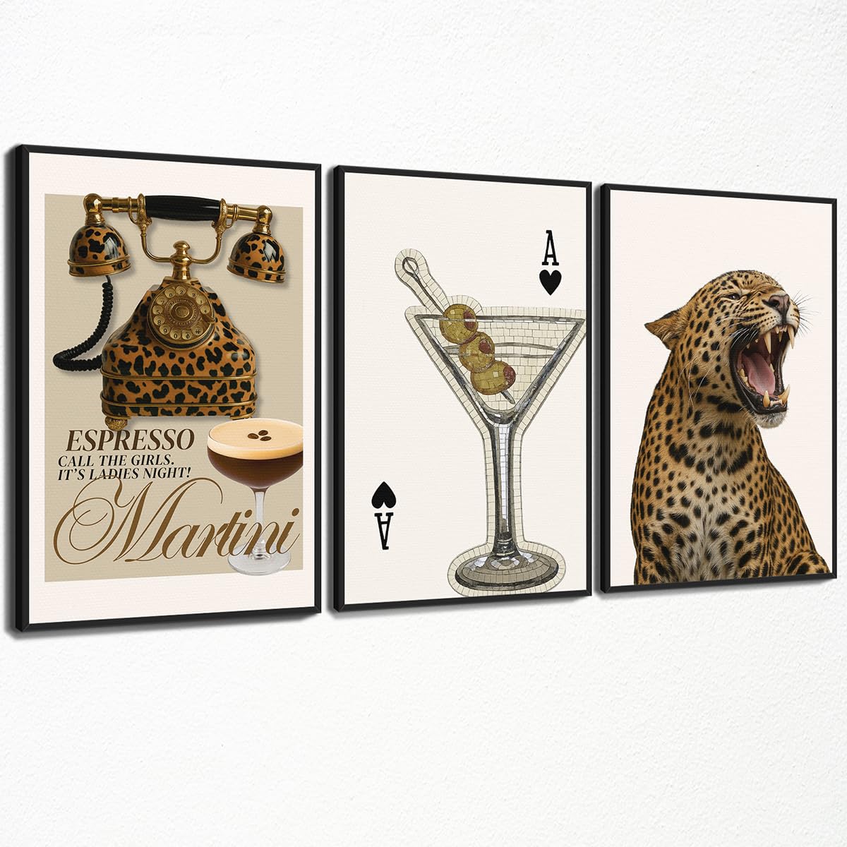 Xmjjqq Girls Set 01 Fashion Cheetah Painting Poster, Leopard Telephone & Espresso Martini Canvas Wall Art, Spade Poker Cocktail Picture Bar Cart Wall Decor, Set Of 3 Chic Y Dorm Bedroom Print 12X16in Unframed