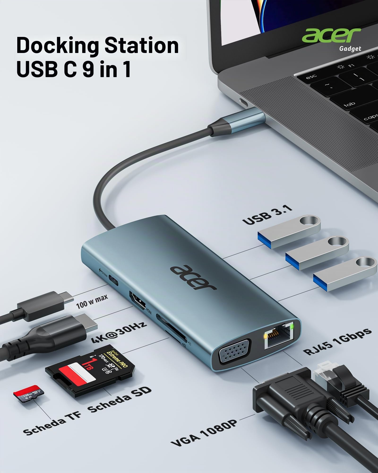 Acer HUB USB C, Adattatore USB C con HDMI 4K a VGA, Ethernet Gigabit, 100W PD, Lettore di Schede SD/TF, 3 USB, Docking Station typo C per MacBook, Laptop, PC