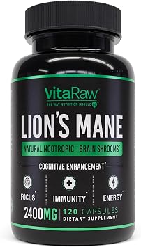 VitaRaw Organic Lions Mane Supplement Capsules 2400 mg - Powerful Nootropic - Helps Maintain Memory, Energy, and Mental Clarity - Vegan Brain Booster Focus Pills - Real Lions Mane Supplement