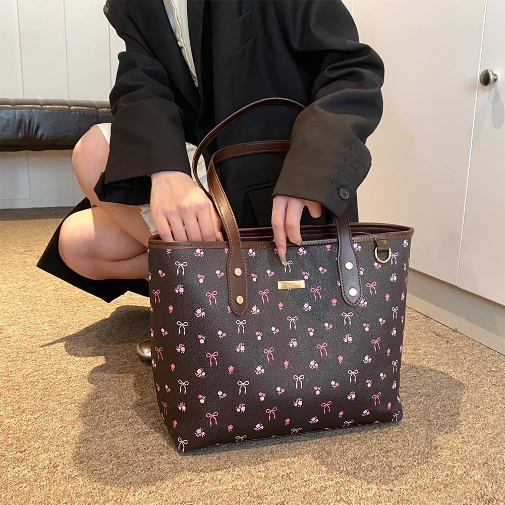 hibear Cherry Print Tote Bag for Women Bow Shoulder Handbag Trendy Faux Leather Top-Handle Bag with Cherry Accessories
