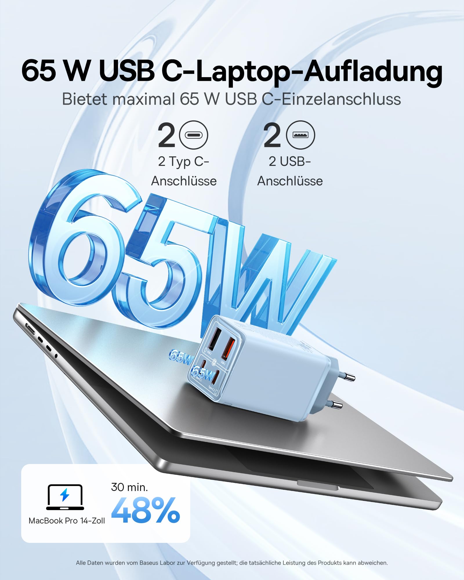 Baseus 65W Caricatore USB C GaN 6 Tech, Caricabatterie USB, Alimentatore USB C Compatibile con MacBook Air/Pro, Surface, iPhone 15/14/13, iPad, Samsung Galaxy S23 Ultra/S23+/S22, Pixel, Blu