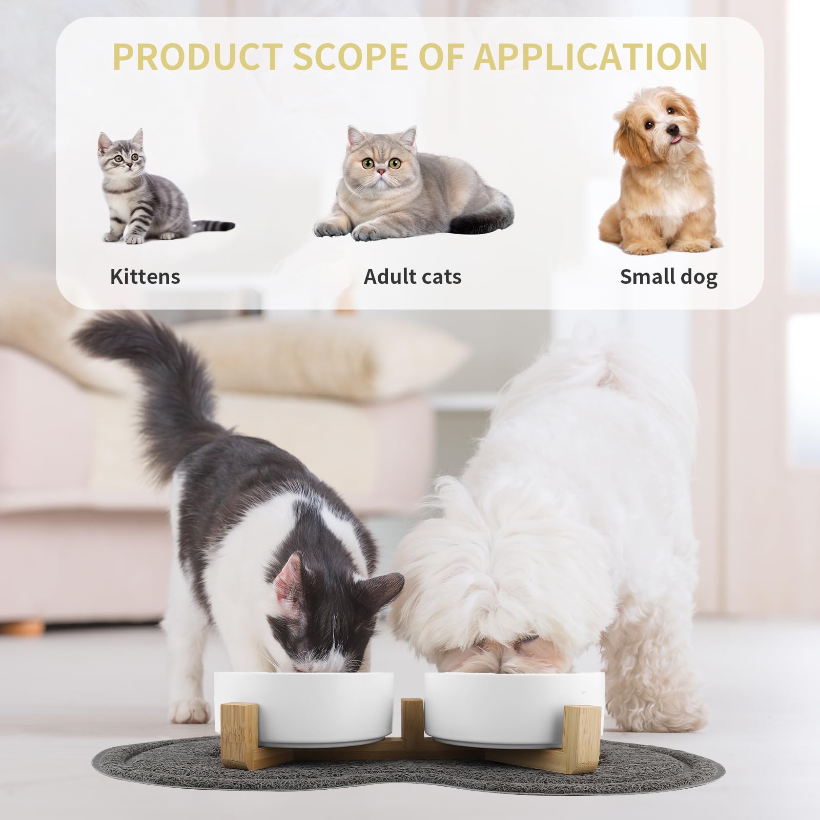 Ciotole per Gatti, Ciotola Ceramica Gatto con Staffa 400ML, Distributore per cibo con 2 Ciotole, Adatto a Gatti di Tutte le Dimensioni e Cuccioli (Bianco)
