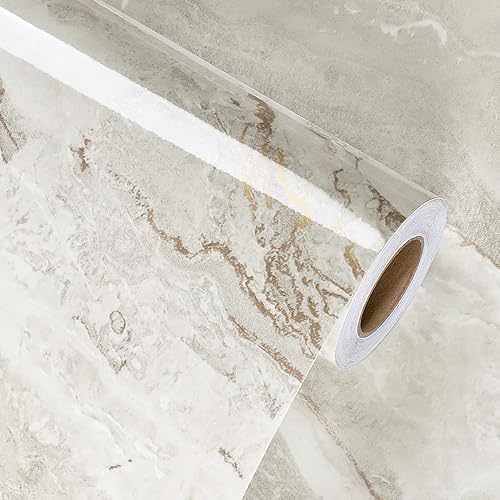 Miniatura 8 de Papel adhesivo de mármol beigedorado de 15.7 x 236 pulgadas, papel tapiz de mármol brillante para despegar y pegar para baño, cocina, rollo de