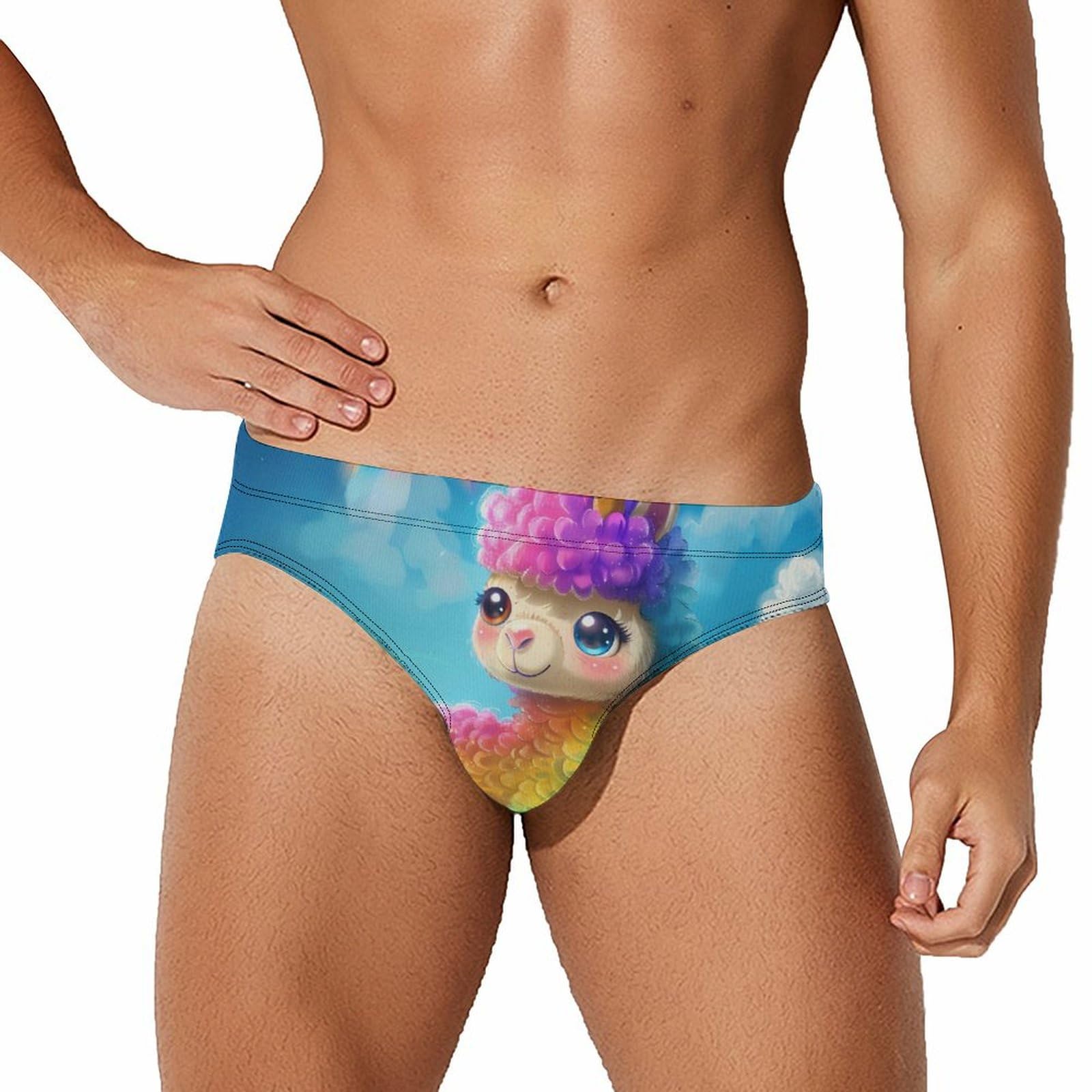 Cute Rainbow Alpaca Unicorn Mens Swim Briefs Bikini Swimwear Print Beach Shorts Sexy Swimsuit S