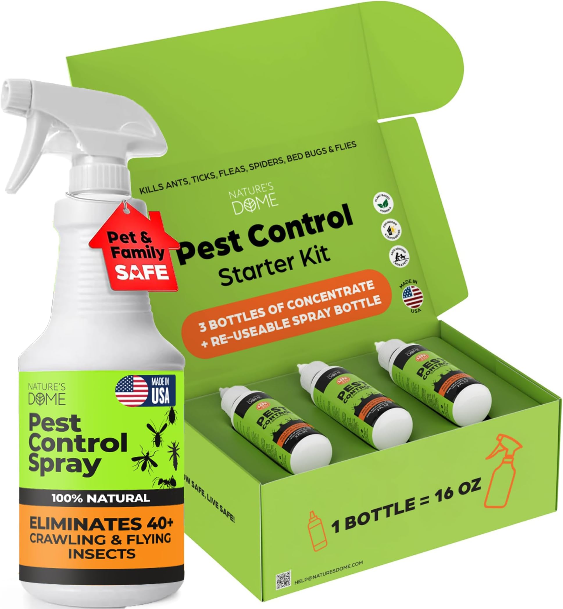 Nature's Dome Pest Killer Starter Kit, Makes 48 Oz (3 Concentrate Vials + 1 Reusable Sprayer) Plant-Based Ant, Roach, Spider & Fly Killer Spray | Indoor/Outdoor, Child & Pet Safe Essential Oil Formula