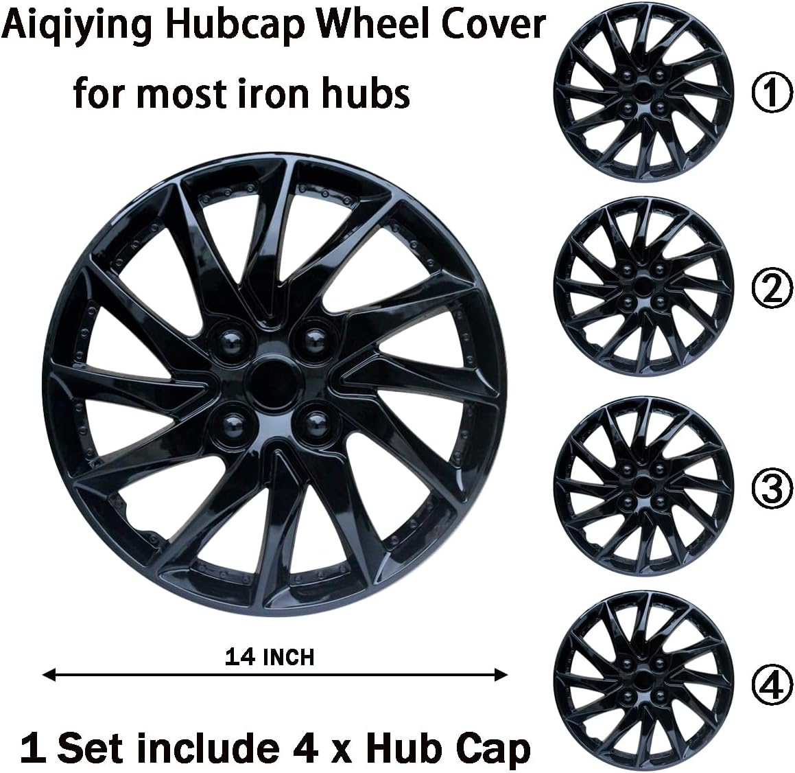 Hubcaps Wheel Cover Replacement R14 Size Hub Cap Universal Steel Wheels Rim Tire Covers ABS Material Exterior Accessories for Most Car Truck SUV -Set of 4（14-inch，Black）