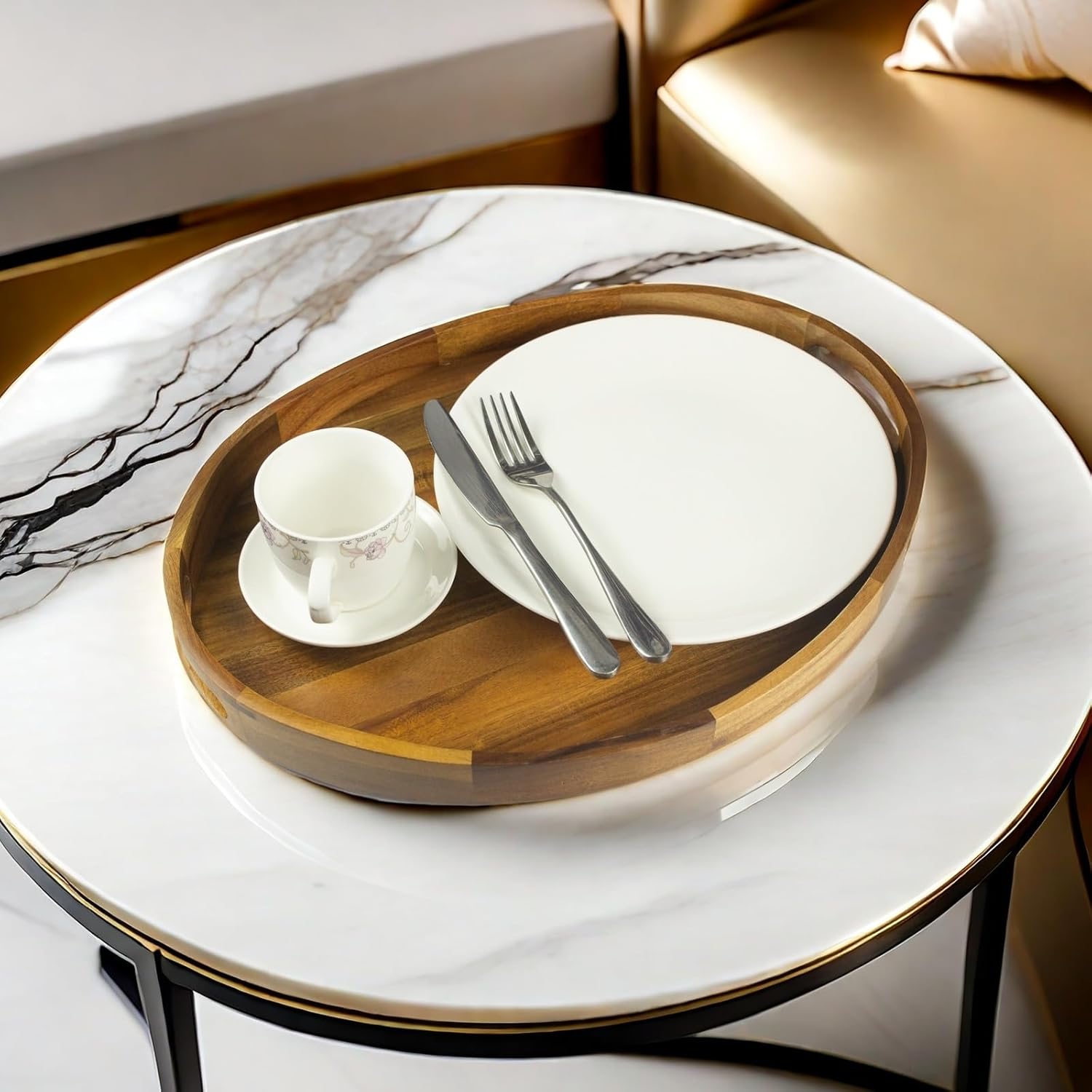 Acacia Wood Serving Tray for Ottoman - Large, Decorative Table Tray for Living Room, Coffee Table, Breakfast in Bed, Candle & Flower Display, Desktop Organizer, 17"x13" Round