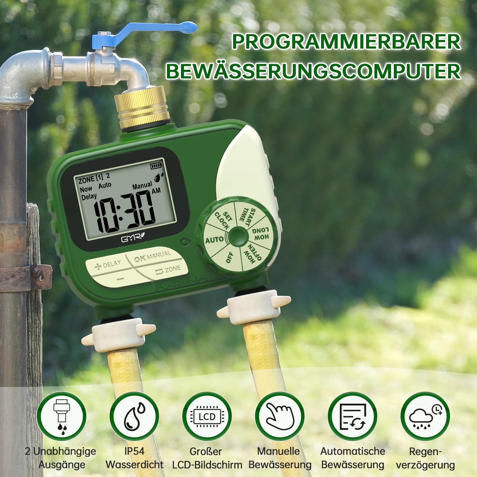 GMR Bewässerungscomputer mit Messingeinlass, Bewässerungssteuerung für Gartenschlauch, Bewässerungsuhr mit Regenverzögerung/Manuell/Automatisch, Bewässerungssystem für Garten, 2 Ausgänge