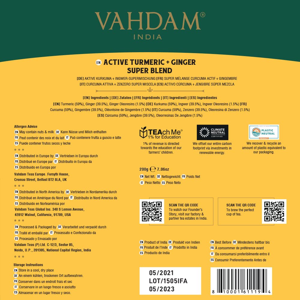 VAHDAM, ORGANIC Turmeric + Ginger Herbal Tea (100 Tea Bags) | Powerful Superfood | 100% Real Spices - Turmeric + Ginger | Caffeine Free : Everything Else