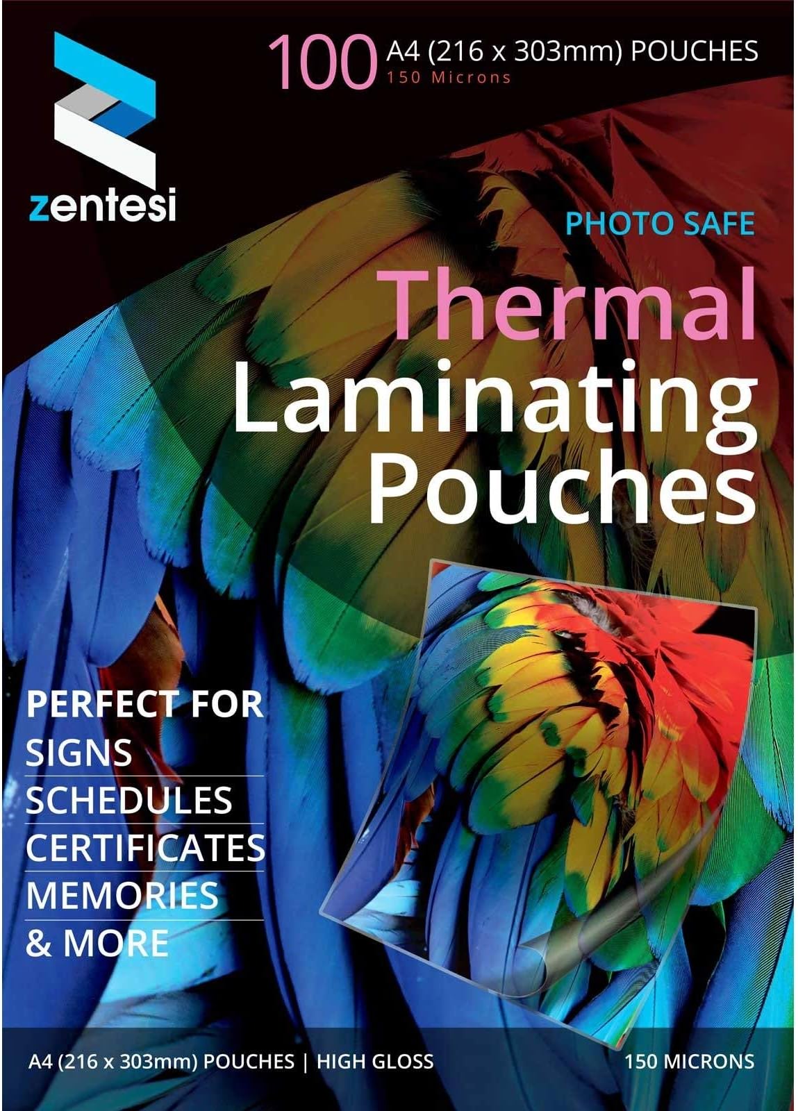 A4 Laminating Pouches High Gloss Laminator Sleeves 150 Micron (75 + 75 Microns) Glossy Laminate Pouch Sheets - Pack of 100