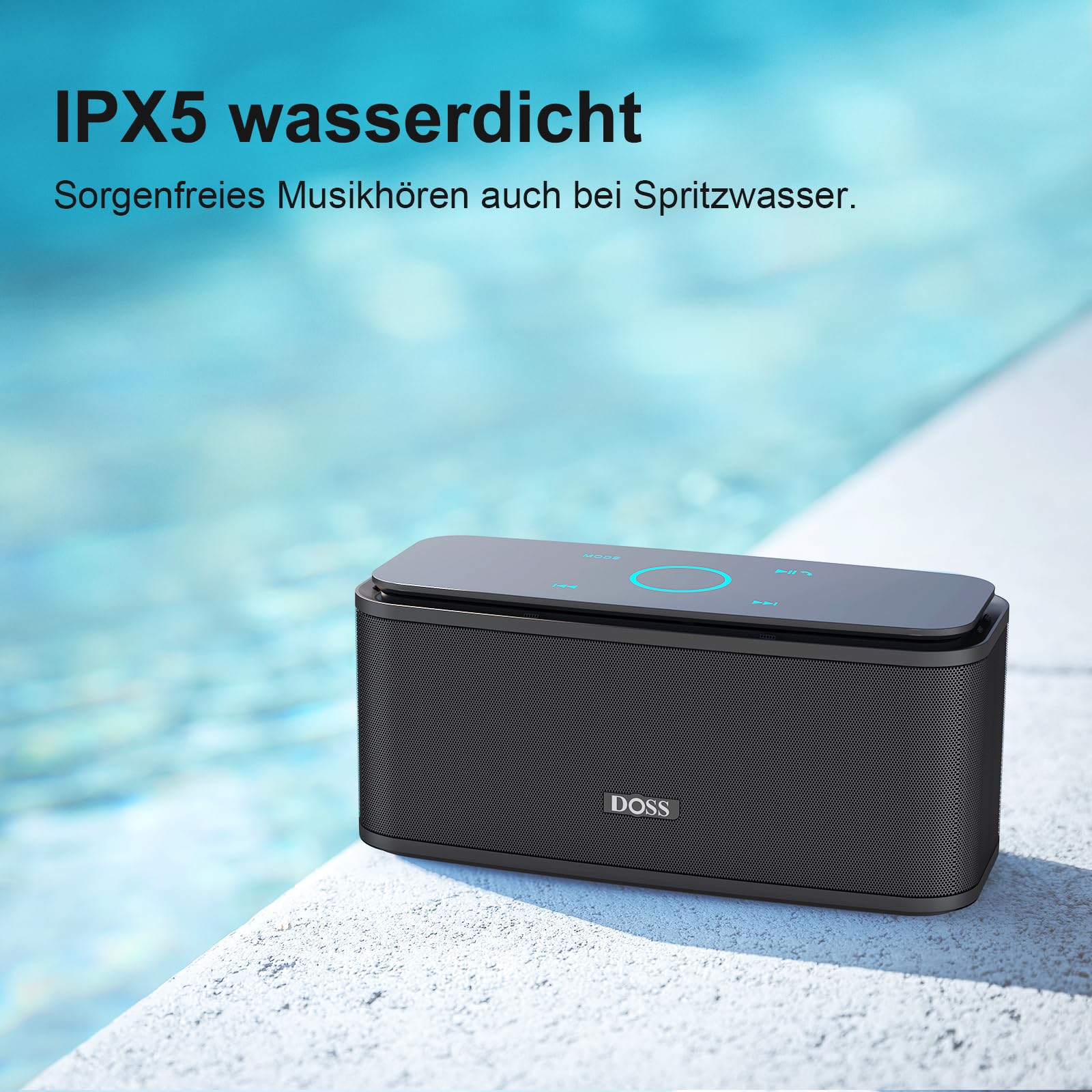 DOSS SoundBox Bluetooth Lautsprecher, Musikbox Bluetooth mit 5.0, Full-Range-Treiber, 20H Spielzeit,Touch Control, IPX5 Wasserdicht, Bluetooth Boxen für Handy, zuhause, Garten, Reise - Schwarz