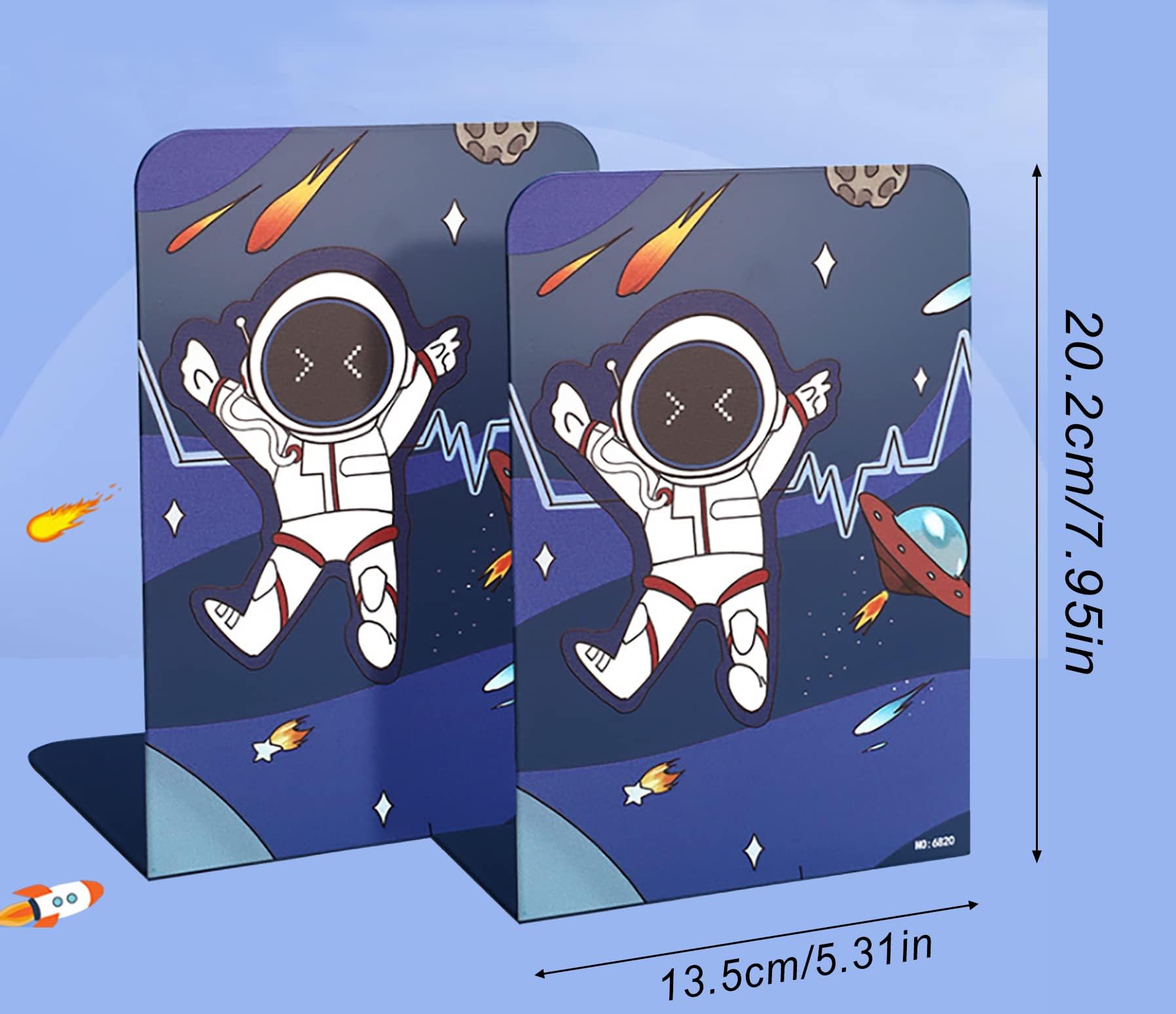 2 Pack Bookends Non-Slip Blue Cartoon Astronauts Book Stopper Heavy Duty Premium Metal Decorative Book End Supports for Kids Children Shelves Room Office