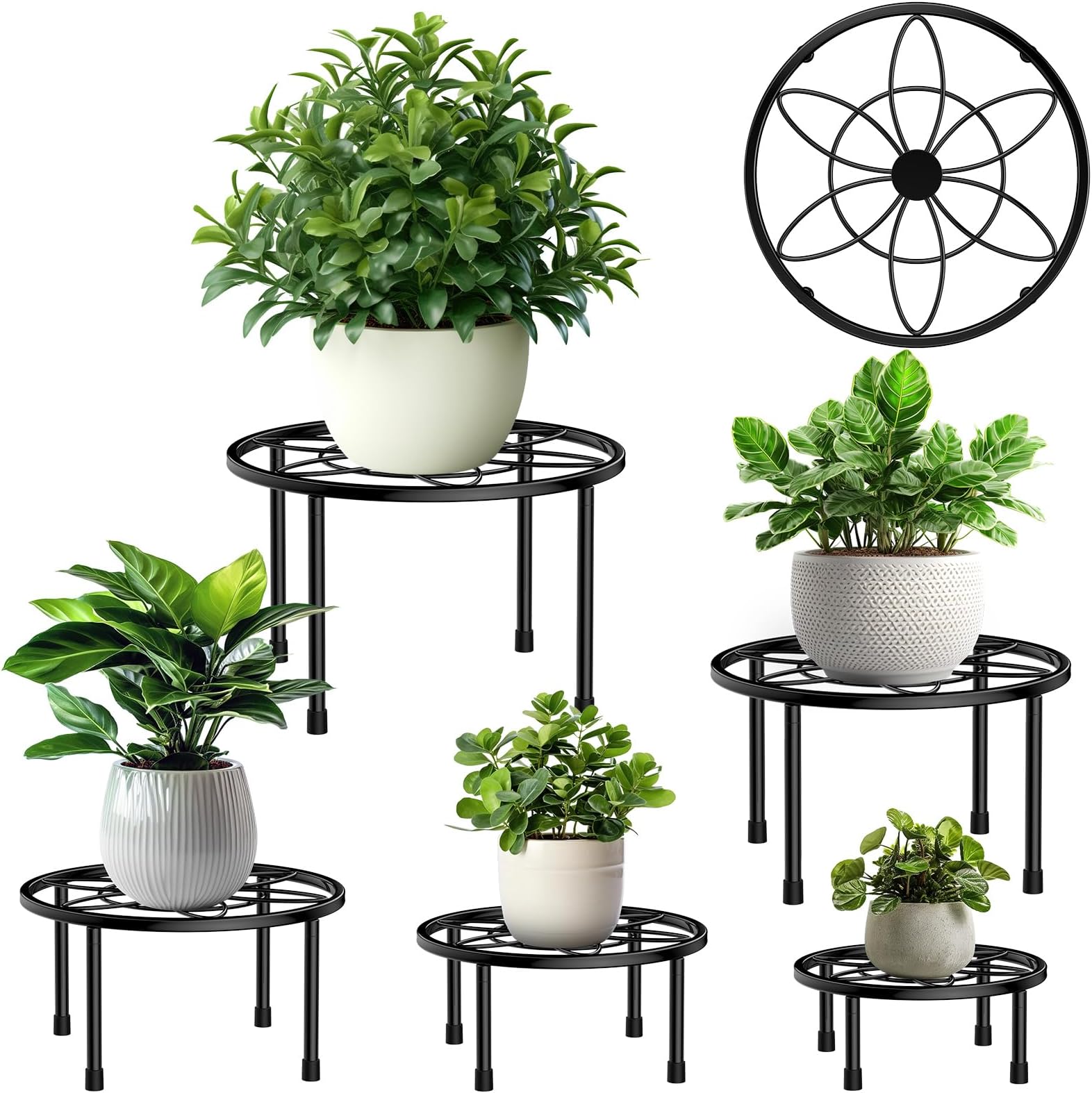 MTCode Metal Plant Stand, 5 Pack Plant Stands for Indoor Outdoor, Flower Pot Stands for Plants, Heavy Duty Planter Stand, Rustproof Iron Round Plants Stand for Home, Garden Decor