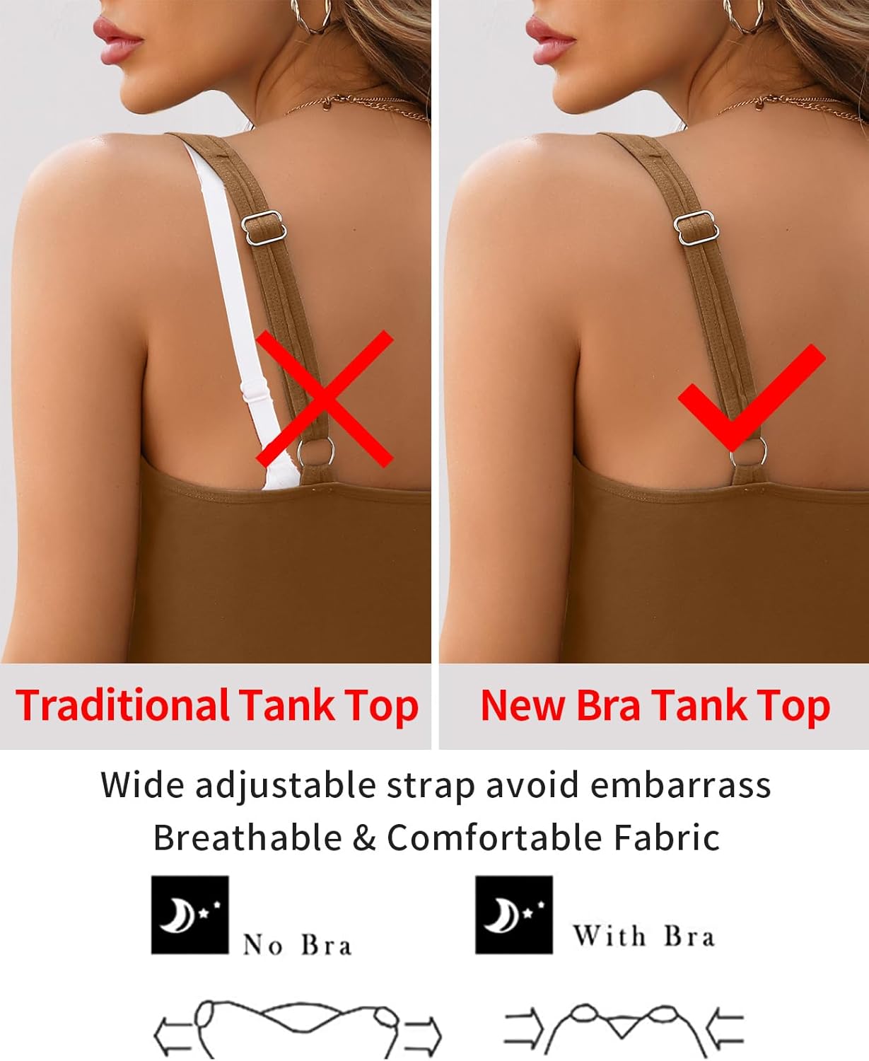 V FOR CITY Tank Top for Women with Built-in Padded Bra Adjustable Wide Strap Camisole Cotton Cami Shirts - Image 5