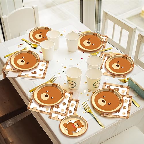 Miniatura 6 de 96 piezas de platos de fiesta de oso para baby shower, decoración con texto en inglés We Can Bearly Wait, vajilla para bebé, tema de oso, platos de