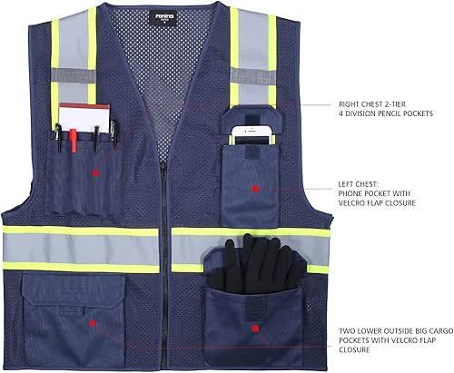 Miniatura 3 de FONIRRA Chaleco de seguridad reflectante de alta visibilidad para hombre, chaleco de trabajo de construcción ANSI Clase 2 con bolsillos y cremallera