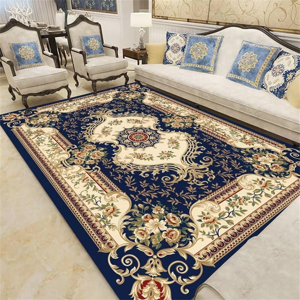 Tapis design salon bleu azur au tissage floral vintage premium