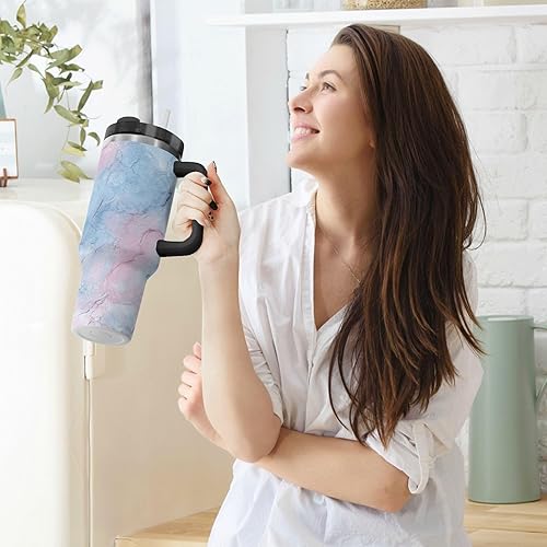 Miniatura 6 de Peach and Light Blue Marble Texture Vacuum Reusable Kids Water Bottles with Lid and Straw Decorative Coffee Travel Mug 40 Oz for School, Sports,