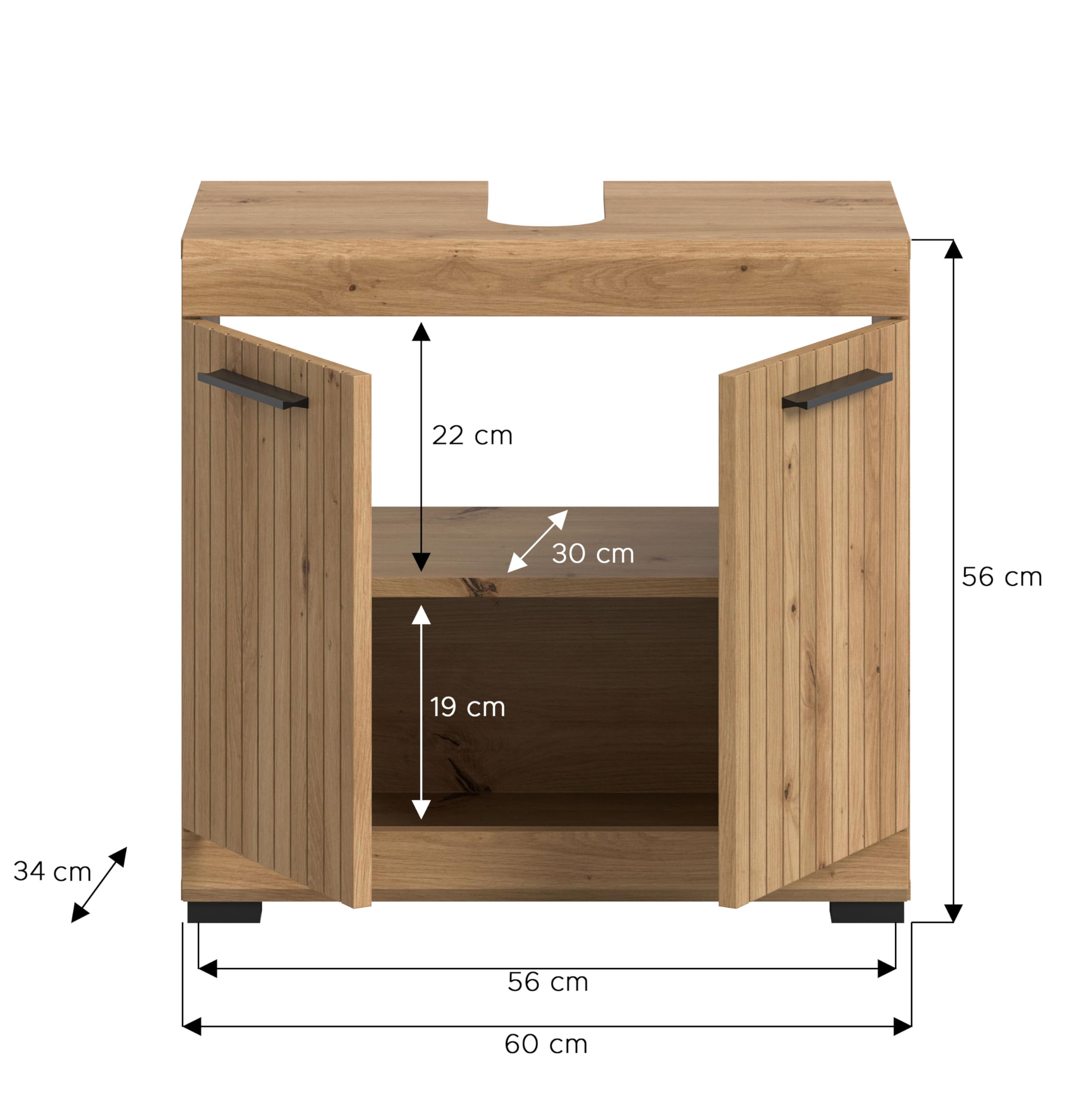 xonox.home – Szafka pod umywalkę Scout 60 x 56 x 34 cm w kolorze Artisan & czarna – szafka łazienkowa z 2 drzwiami i wycięciem na syfon – łącznie z regulowaną półką zapewniającą funkcjonalną