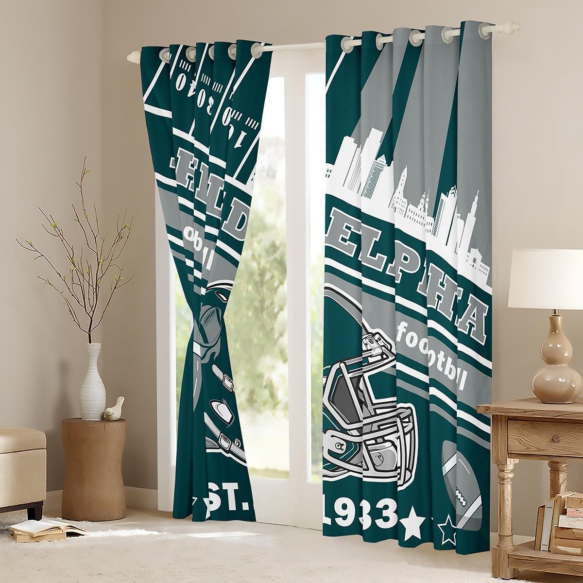 Feelyou Football Blackout Curtains (2 Panels, 38 x 54 Inch) Philadelphia Curtains Football City 30%-50% Room Darkening Blackout Curtain Rugby Sports Window Treatments