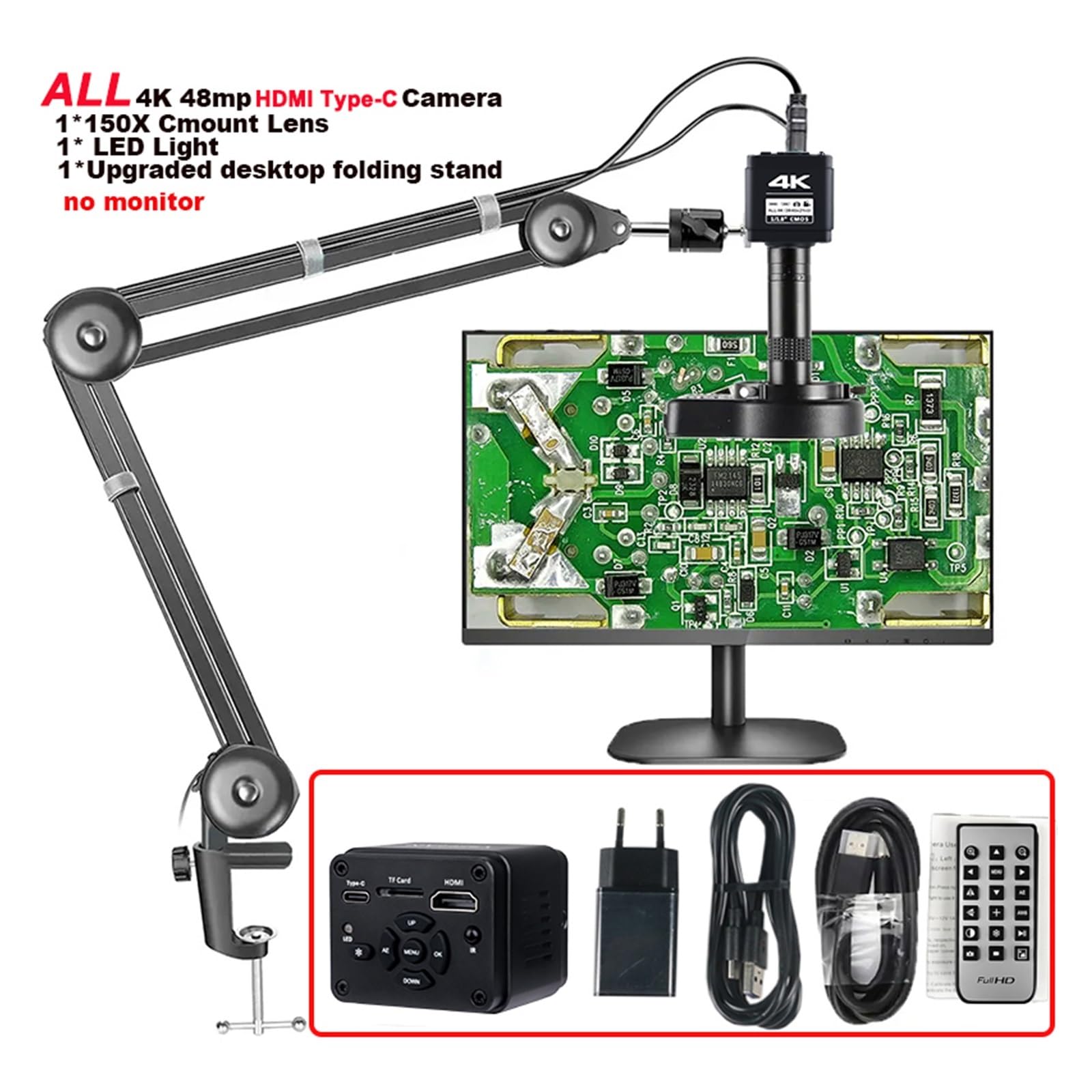 4K UHD Industrial Microscope,HDM/I TYPE-C 1/1.8"imx678 Sensor Camera,150X C Mount Lens,Upgrade The Clamp Bracket(4K Full Sets)