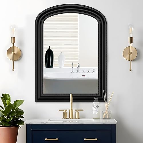 Espejo de arco negro para tocador de baño, espejo vintage de 22 x 30 pulgadas con marco de cuentas para decoración de pared, espejo de marco de