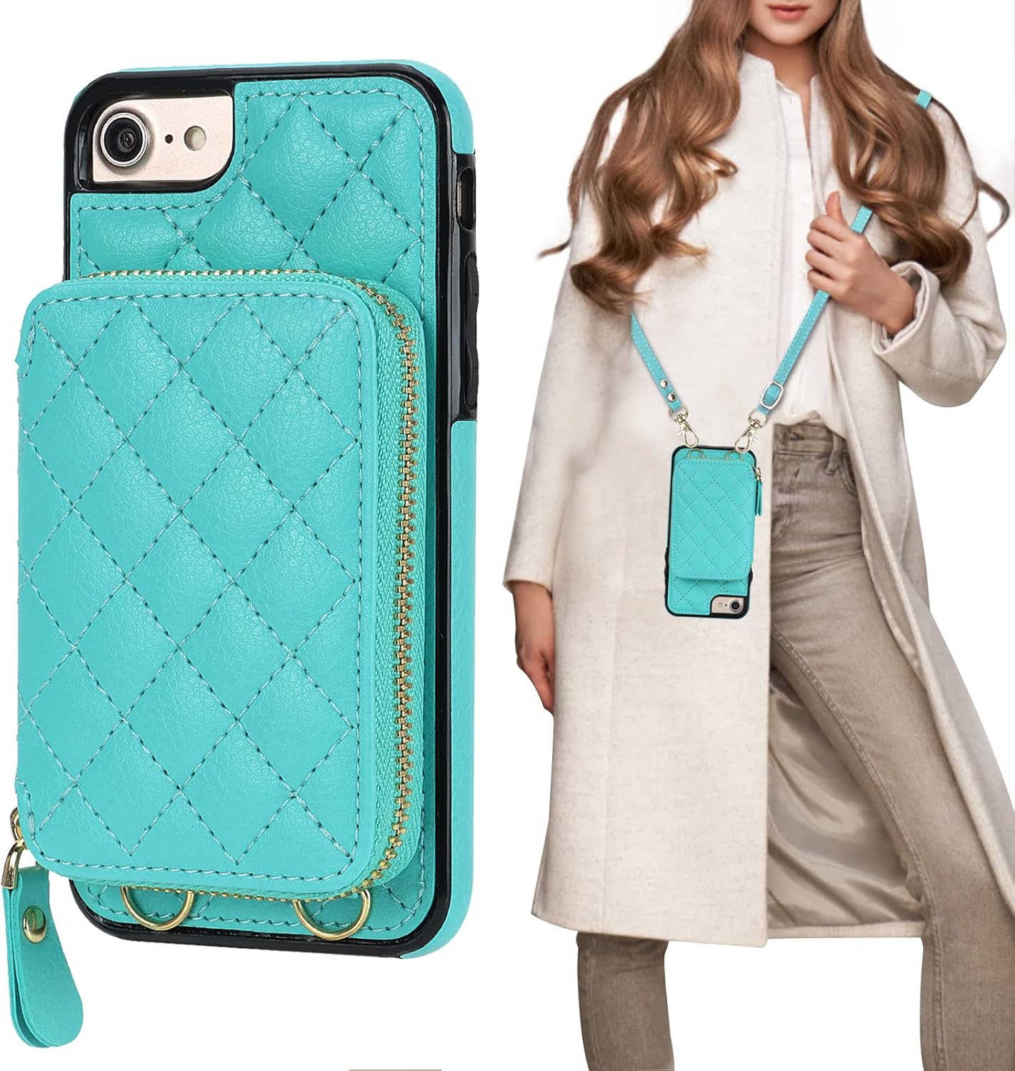 Bocasal Crossbody Wallet Case for iPhone SE 2022/SE 2020/8/7, RFID Blocking PU Leather Zipper Handbag Purse Flip Cover, Kickstand Folio Case Card Slots Holder Wrist Strap Lanyard 4.7 Inch (Mint Green)