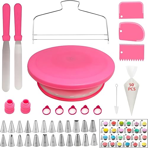 Kit de decoración de pasteles de 90 piezas con tocadiscos para pasteles, nivelador de pasteles, 24 puntas de glaseado numeradas, 2 espátulas, 3