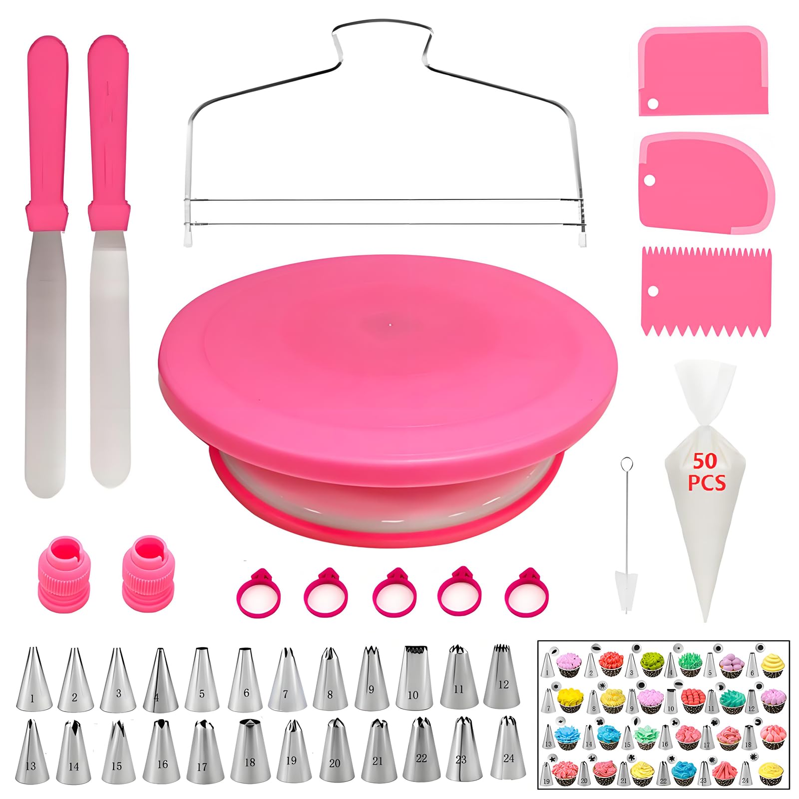 190 Pcs Cake Decorating Kit with Cake Turntable,Cake Leveler,24 Numbered Icing Piping Tips,2 Spatulas,3 Comb Scrapers,2 Couplers,5 Bag Ties,50 Pastry Bags,50 Cupcake Liners,50 Cake Flags