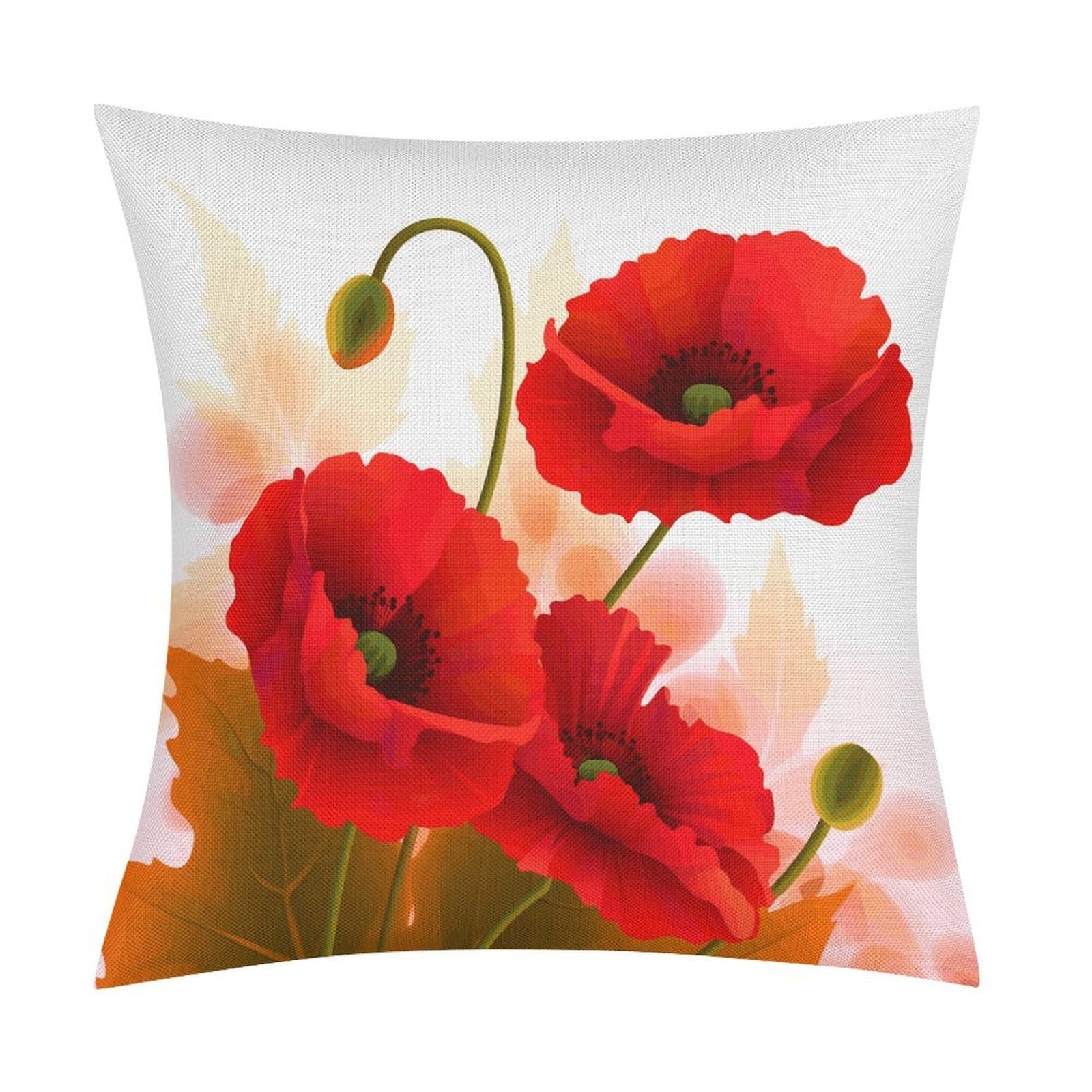 LZQPOEAS Poppy Flowers Vivid Petals Throw Pillow Covers, Waterproof Faux Linen Pillow Cases with Invisible Zipper, Decorative Square Cushion Covers for Sofa Couch Living Room Bedroom 18x18 Inch