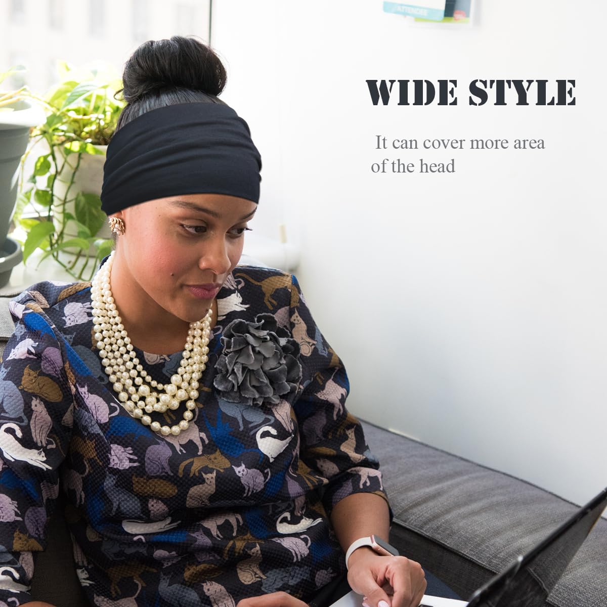 YONUF Wide Headbands For Women Stretchy Headband Workout Head Bands For Women's Hair Band Non Slip Head Wrap Headwear 6 Pack Black, brown, navy blue, khaki, light floral gray and medium floral gray