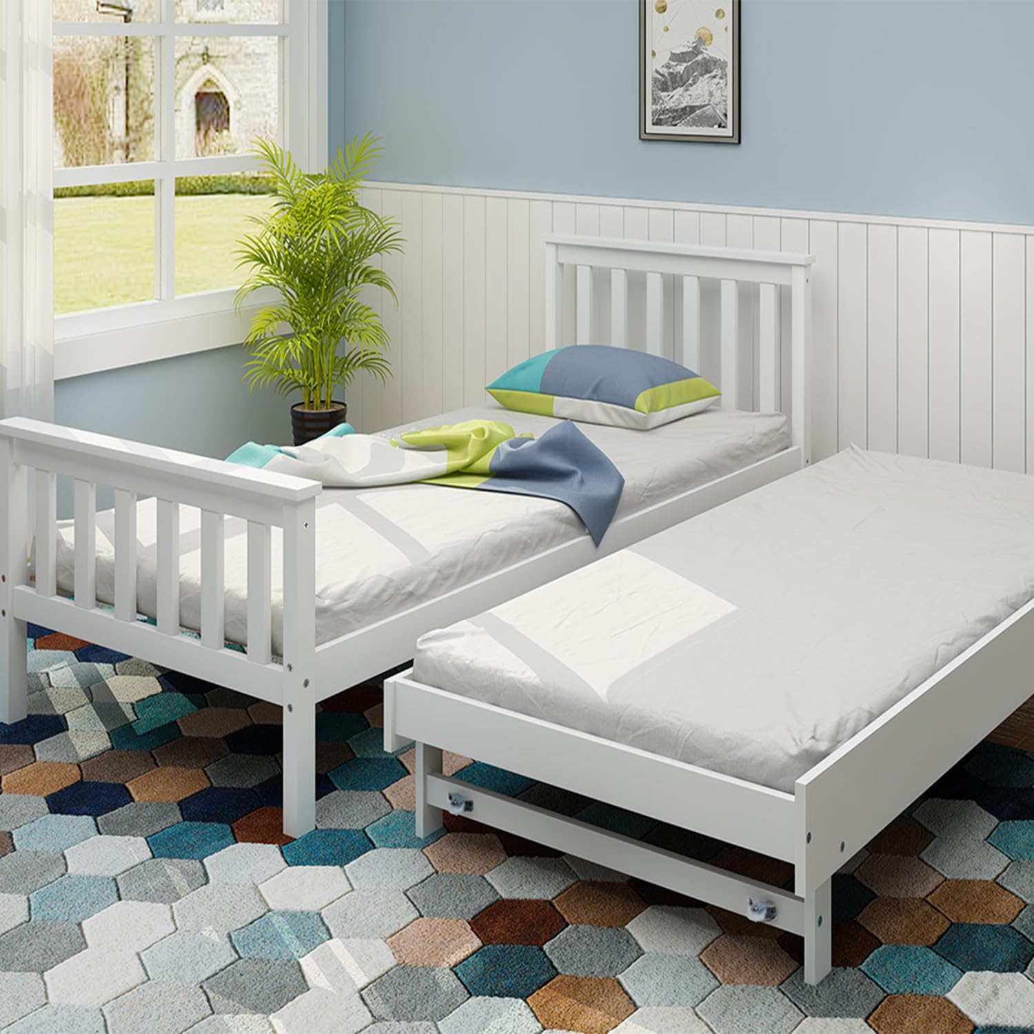 PANANASTORE Wood Single Day Bed- Pullout Trundle Included, 3FT Guest Bed in White 2in1 Underbed Bed Frame with Slatted Base
