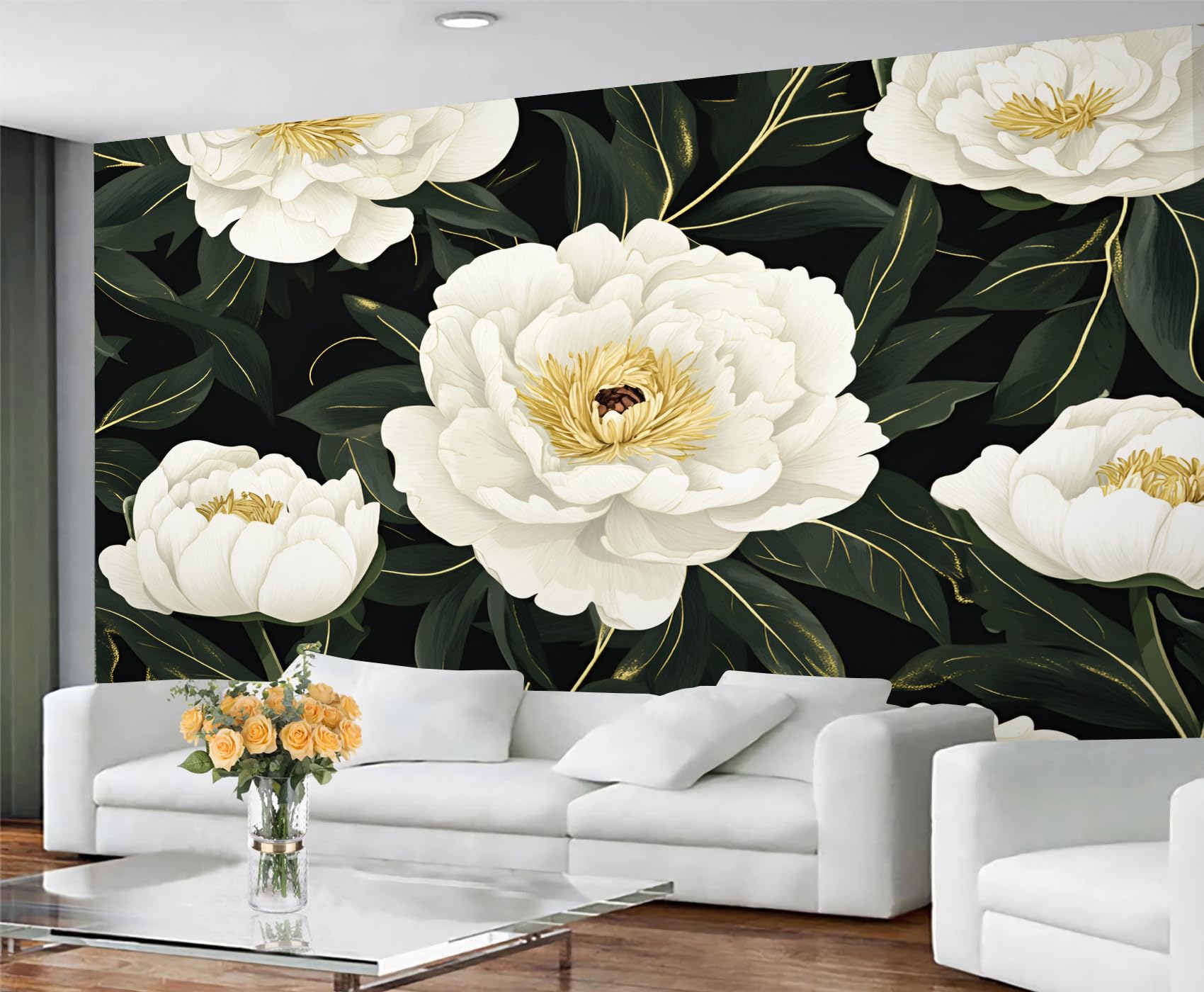GIVLWF Wallpaper - Peony Home Decor & Mural, Boho Floral Bedroom Wallpaper, White Flowers Wall Paper for Living Room, Large Wall Mural (Not Self-Adhesive)