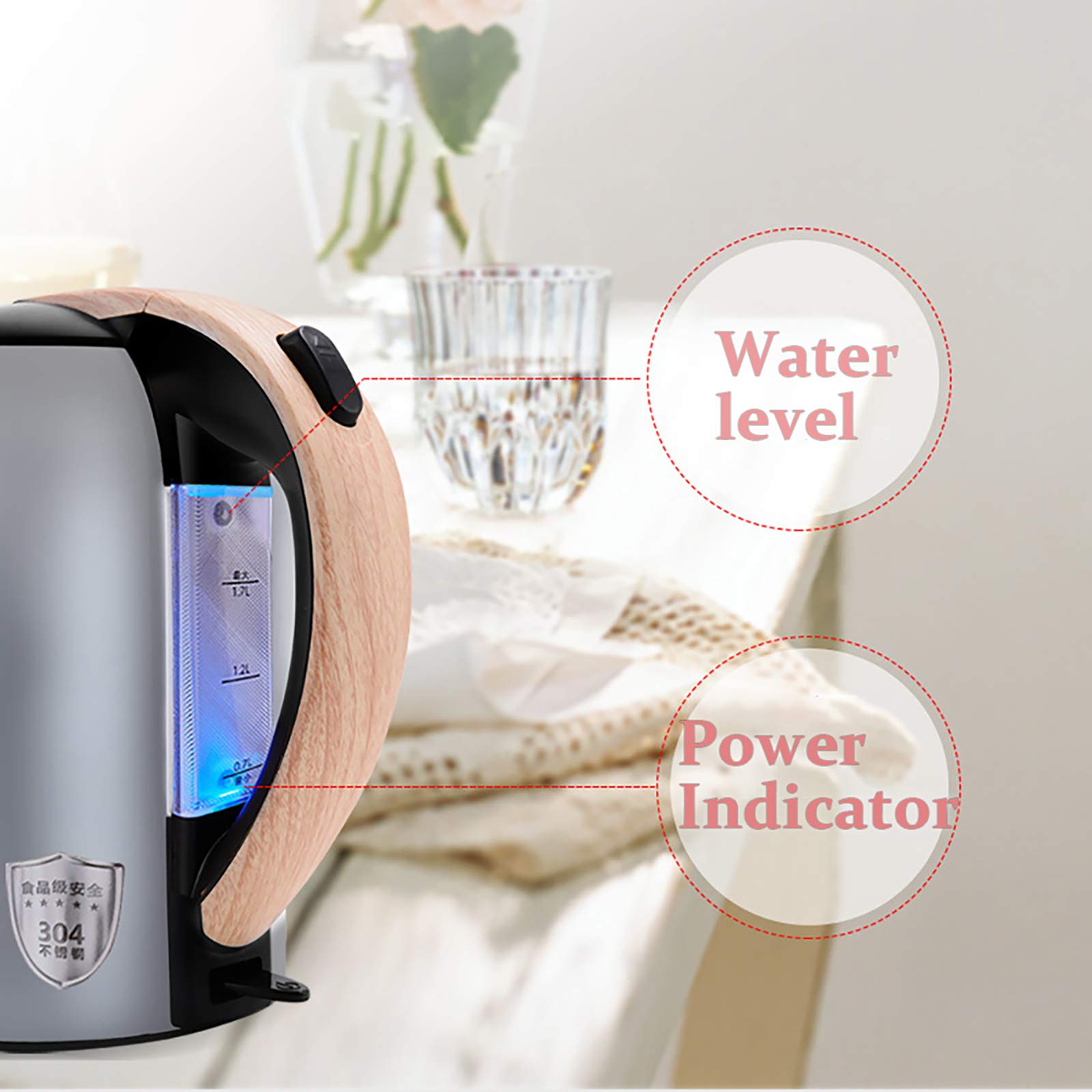 Hervidor eléctrico de doble pared Alta capacidad Mantener caliente Tetera anti-escaldado Mango anti-calor de acero inoxidable Apagado automático Protección contra ebullición en seco 1500W Ebullició