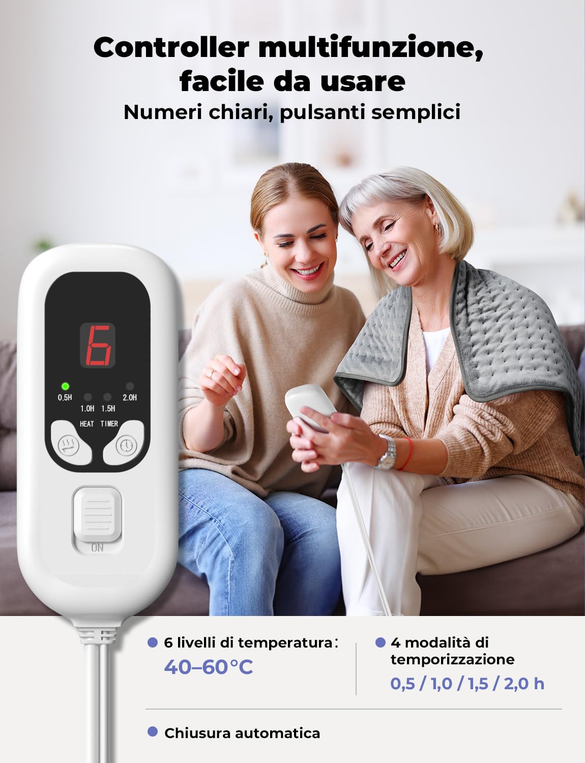 Levesolls Termoforo Elettrico 84x43 cm - per Schiena, Spalle e Addome, 6 Livelli Di Temperatura, 4 Timer, Riscaldamento Rapido, Spegnimento Automatico, Lavabile In Lavatrice - Grigio Scuro