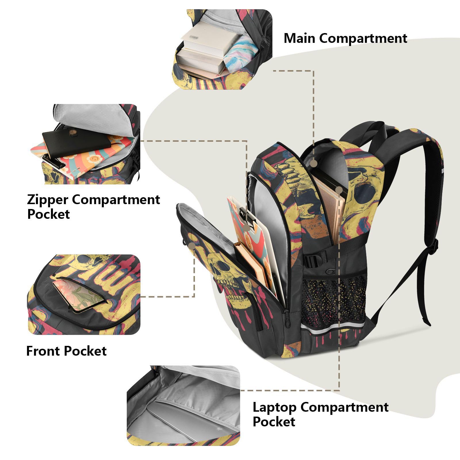 Sac à dos de voyage pour ordinateur portable de 17 à 5 pouces Motif crâne de mort pour adolescentes et filles