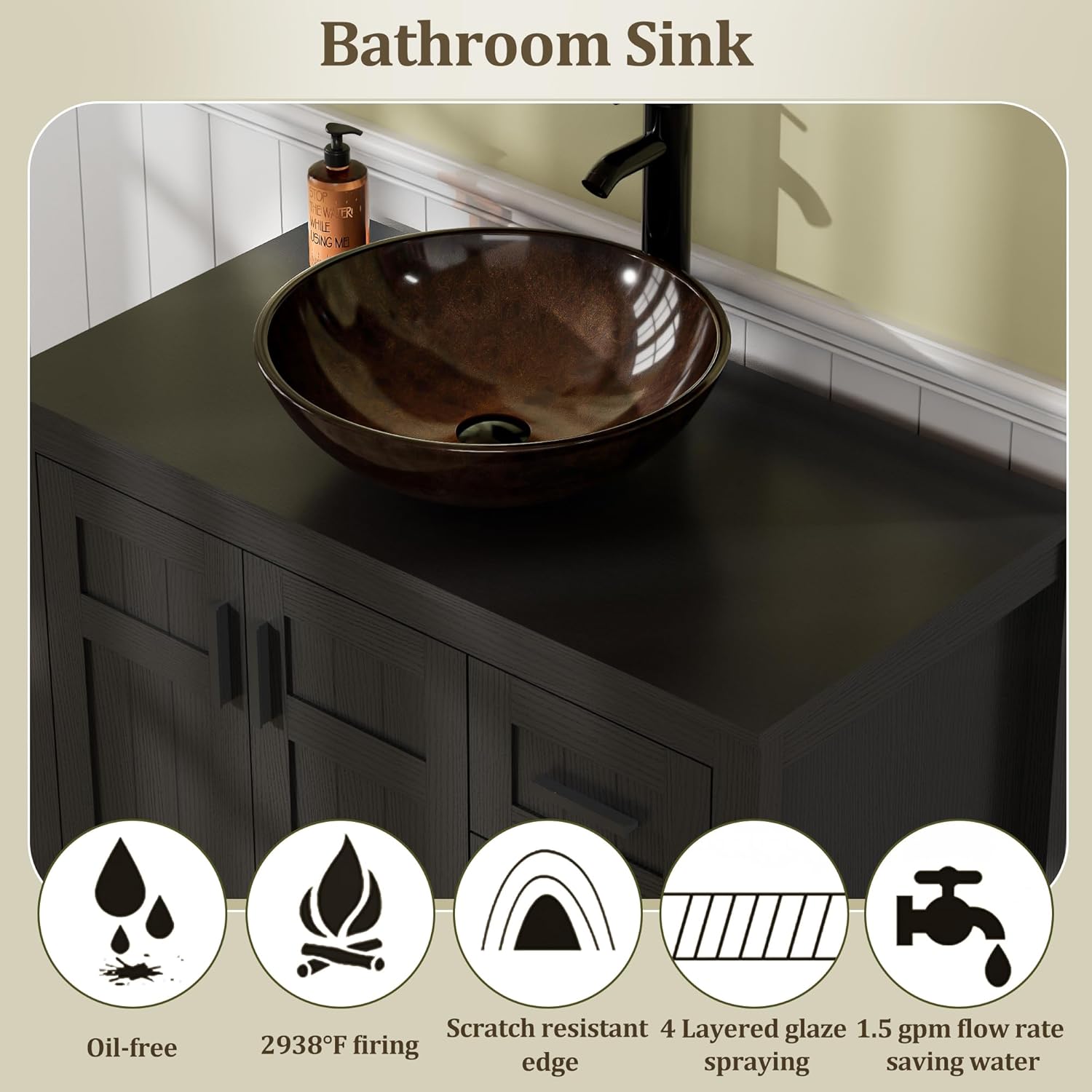 UEV 36" Bathroom Vanity with Sink Combo, Modern Freestanding Sink Cabinet with 3 Drawers,Stylish Bathroom Vanity Cabinet,Grooved Door, Metal Handles,Vessel Sink (Bronze Round Bowl, 36" Black)