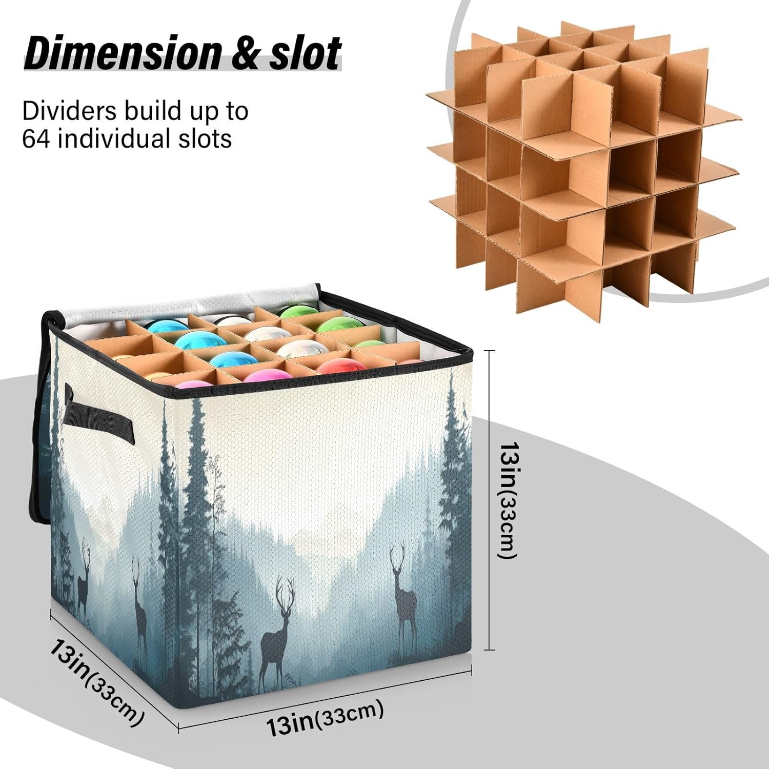Deer Forest 13 Inch Christmas Ornament Storage Box with Lid - Holiday Decor Storage Containers, Stores 64 Ornaments, 3 Inch Cube Compartments