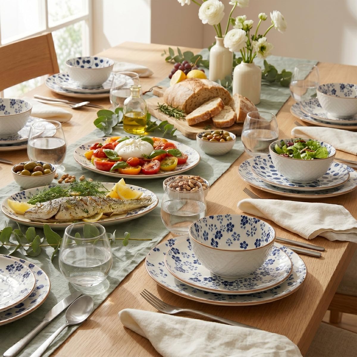 Cookinglife Juego de vajilla Fleuris de 18 piezas/6 personas, 6 platos llanos, 6 platos de desayuno y 6 cuencos