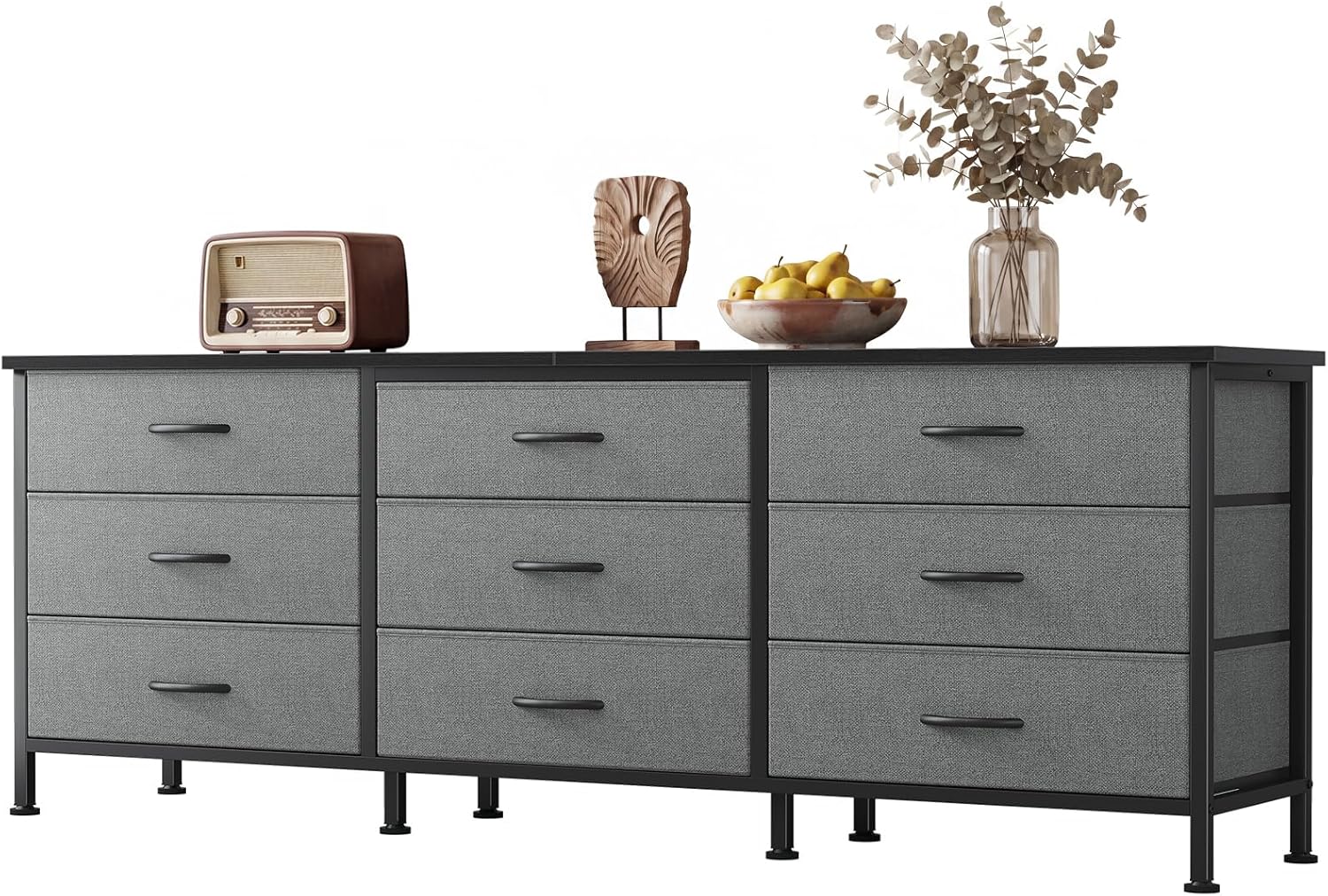 TV Stands for Up to 75 Inch Long Entertainment Center with 9 Fabric Drawers, TV Living Room Furniture, Media Console Table with Storage for Bedroom, Adjustable Feet, Grey