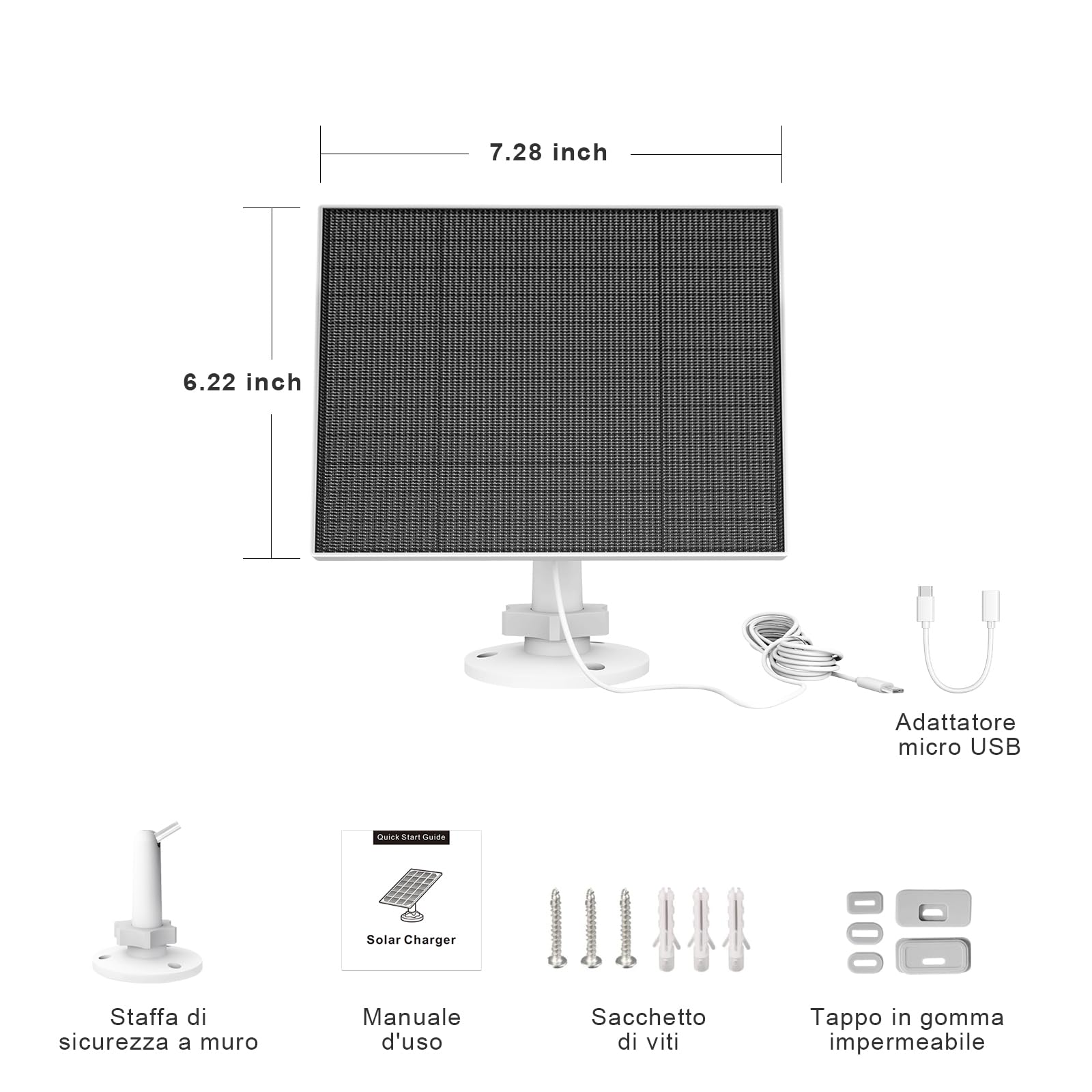 Pannello Solare per Telecamera Eufy, 5W Caricatore Solare Compatibile Con Eufycam 3/3C/2/2 Pro/2C/2C Pro/E/E20/E40/L20/L40, Con Porta Usb-C, Adattatore Micro Usb, Impermeabile IP65, 2 Confezione