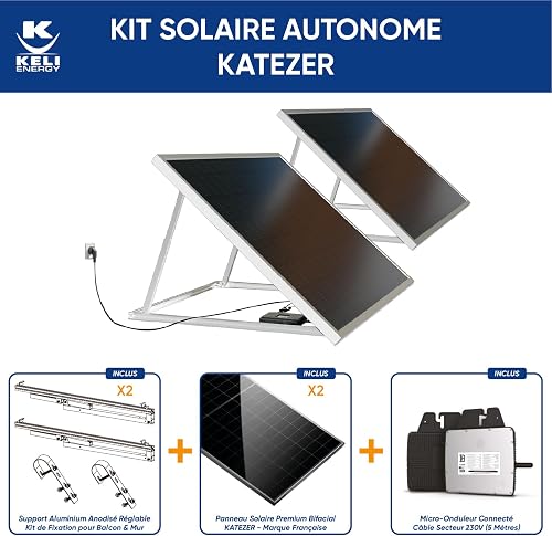 KELI - Connected Autonomous Solar Kit - Ready to Plug and Play Solution - Full Black Katezer Panel - Easy Installation - Production Monitoring - 3 Installation Types - Floor, Wall, Balcony (KIT DOUBLE - 2