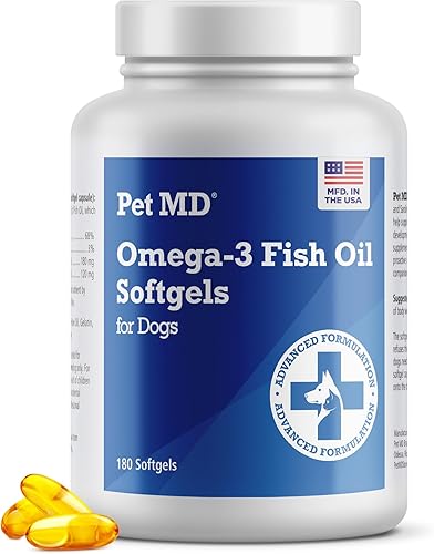 Pet MD Suplemento de aceite de pescado Omega 3 para perros - Soporte para piel y pelaje para perros - 180 cápsulas blandas