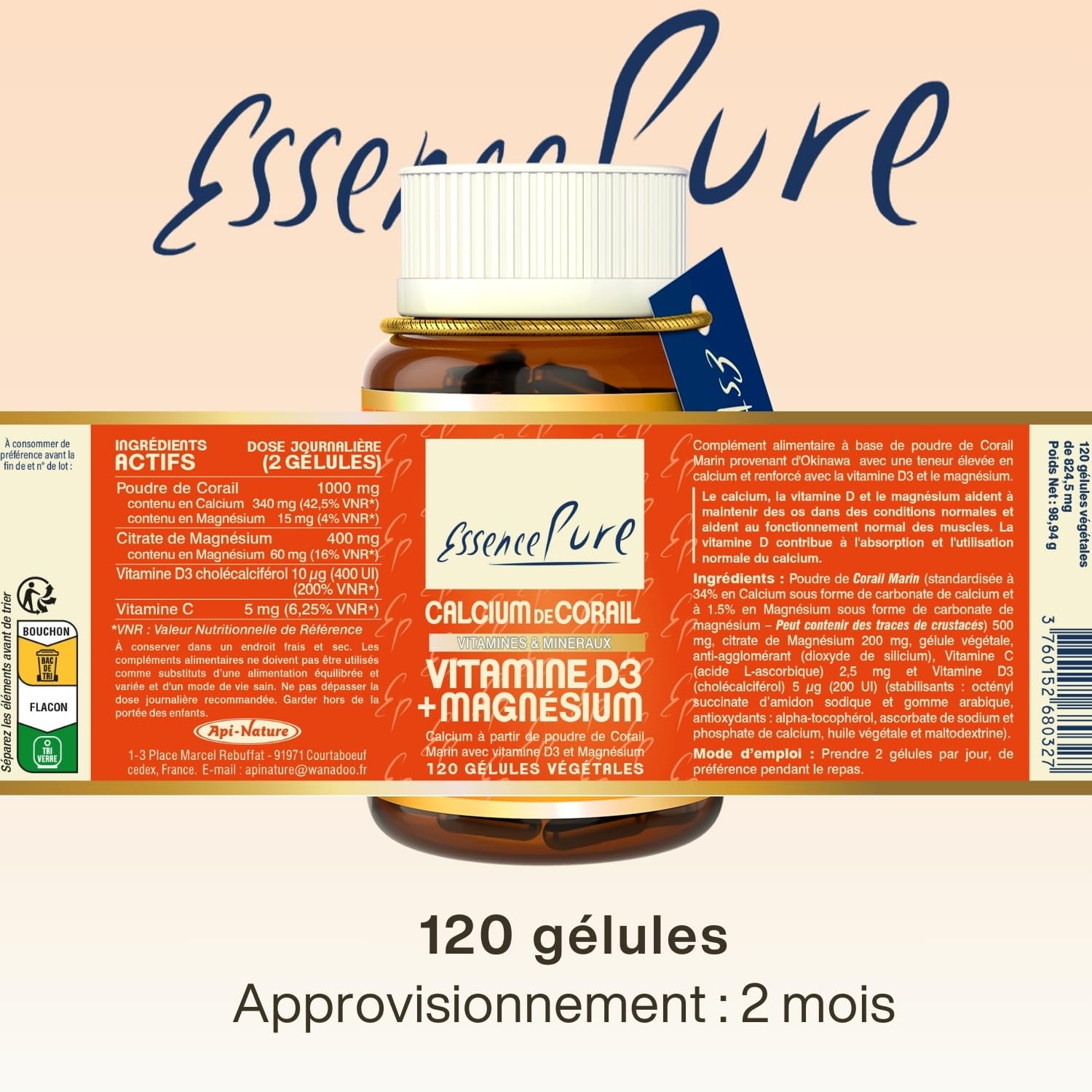 Calcium Vitamine D Essence Pure | Calcium de Corail Marin (1000 mg) + Vitamine D3 (400 UI) + Citrate de Magnésium (400 mg) | Os et Articulations Solides | 120 Gélules 2 Mois | Api-Nature