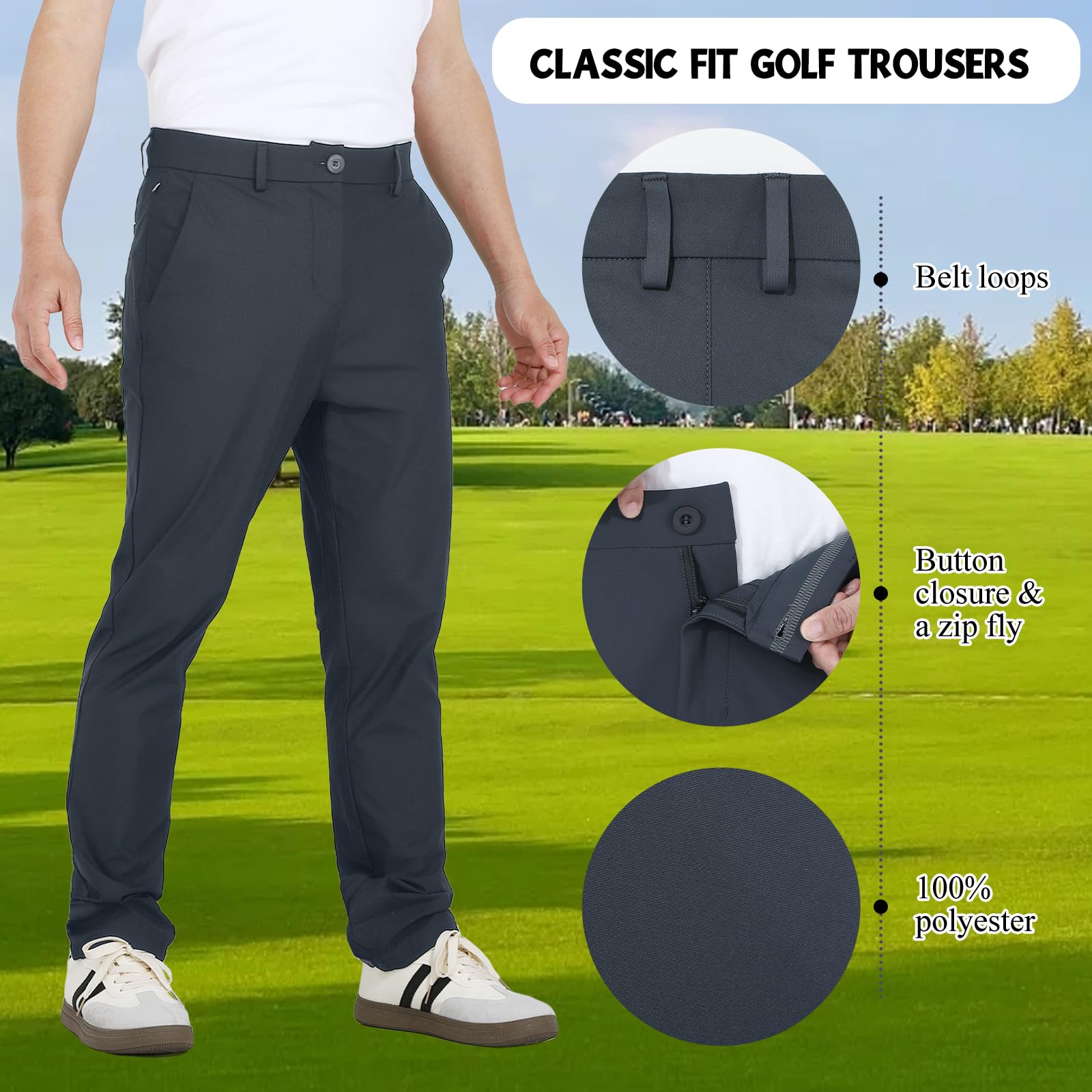 Pantalones de golf de corte clásico para hombre, elásticos, transpirables y de secado rápido, con cintura de agarre de silicona y bolsillos para una comodidad óptima en el campo de
