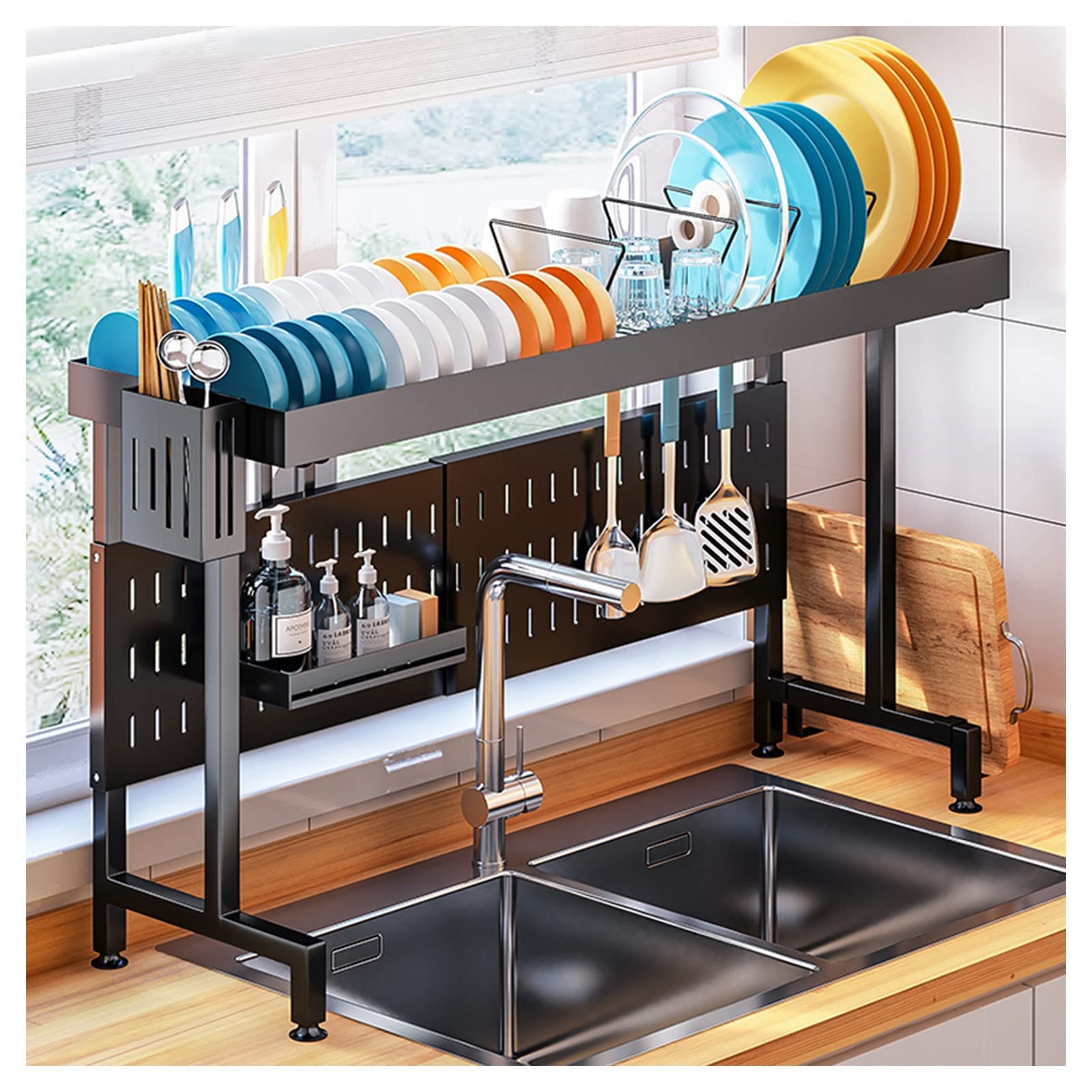 Dish Drying Rack Over The Sink For Kitchen Organization Storage Space Saver Shelf 304 Stainless Steel Large Dish Drainer (Color : Black, Size : (53~86) x25.6x48cm)
