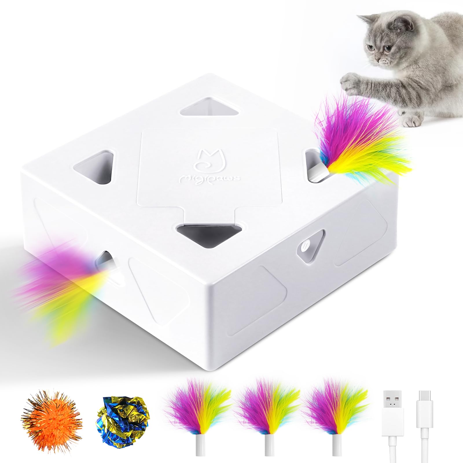 Migipaws Giocattoli per gatti, topi automatici interattivi a 7 fori MigiBox, giocattolo intelligente ultra divertente per gatti da interno, ricaricabile tramite USB, 4 ricariche di piume..