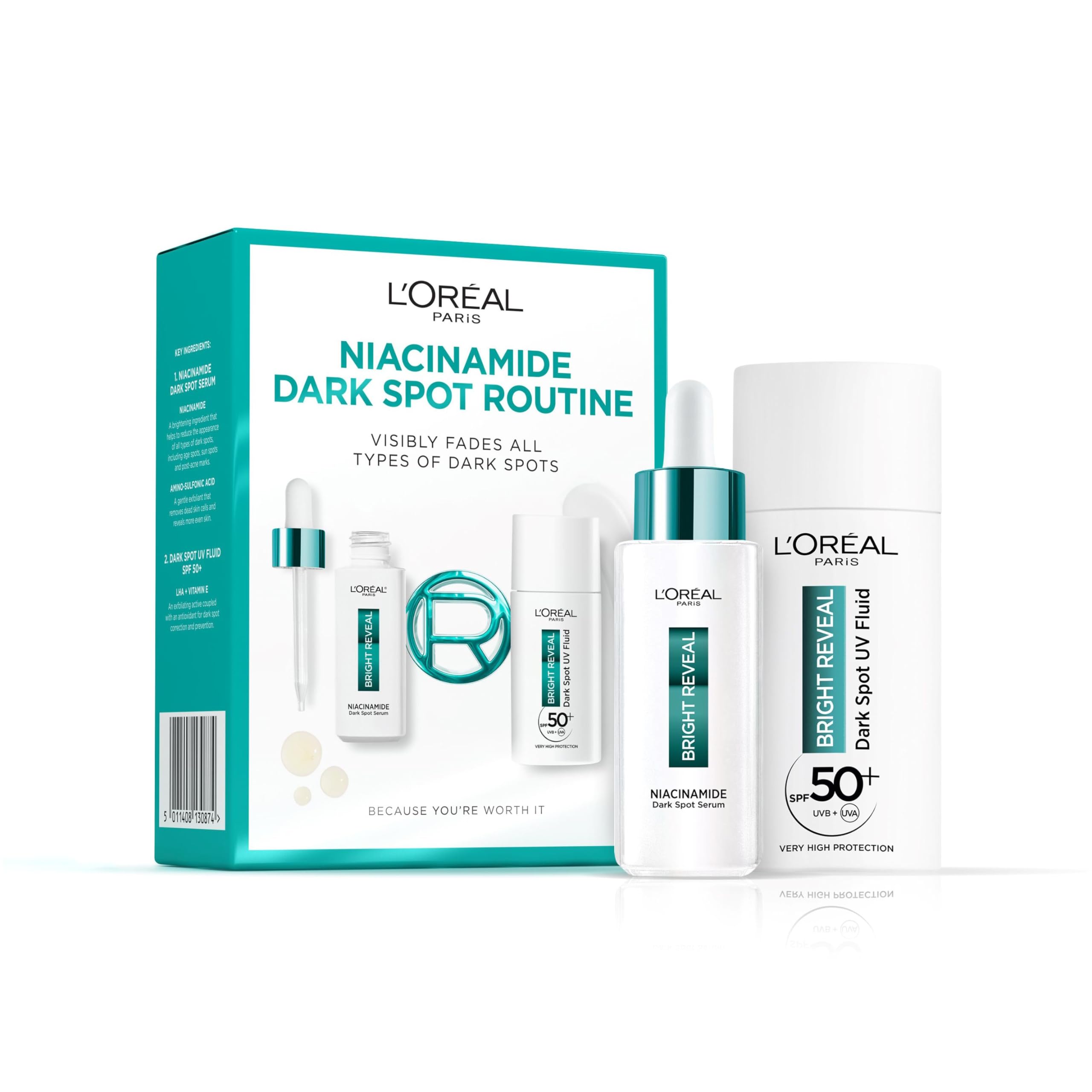 L'Oréal Paris Bright Reveal Niacinamide Dark Spot Routine, Niacinamide Dark Spot Serum + UV Fluid SPF50+