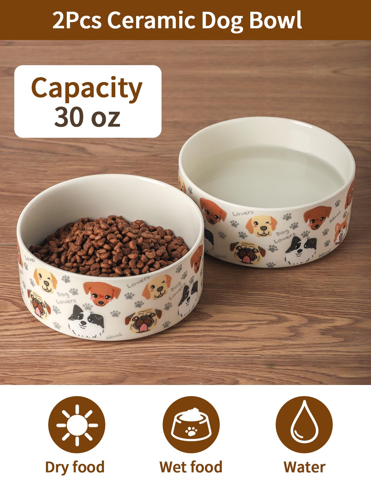 Keramik Hundenäpfe 2er Set, 15,5 cm Hundefutter Wassernapf mit niedlichem Muster, Haustier Hunde Geschirr für mittlere und kleine Hunde, Weiß